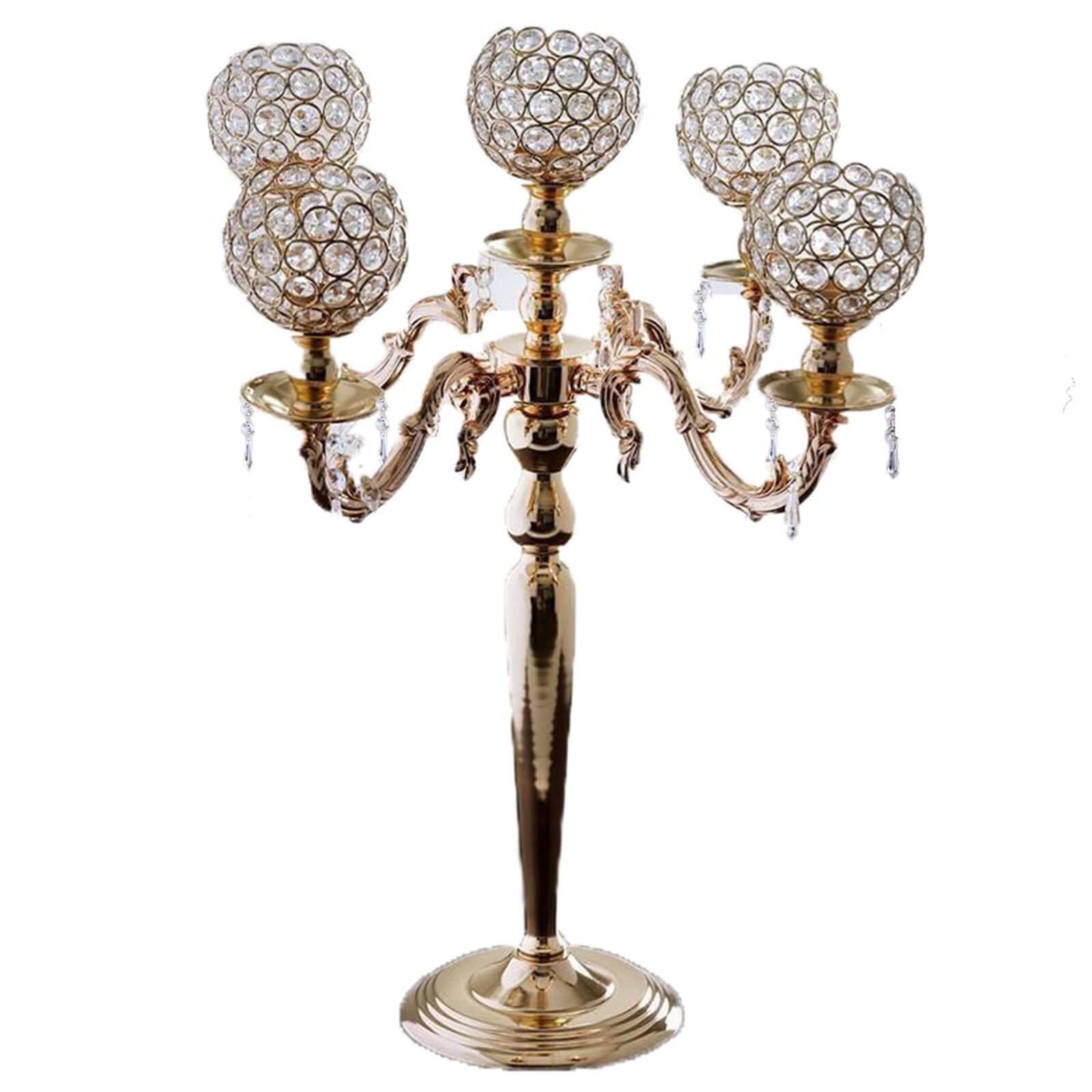 5 - Arm Crystal Beaded Globe Candelabra Gold Metal - Chic Candle Holder Table Centerpiece for Gatherings 25" - Linen Luxes