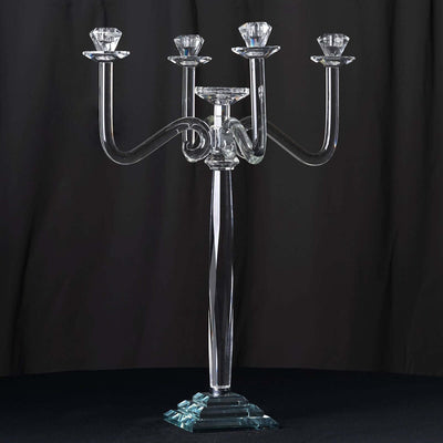 5 Arm Crystal Glass Candelabra Clear - Exquisite Decorative Taper Candle Holder Table Centerpiece for Grand Celebrations 27" - Linen Luxes