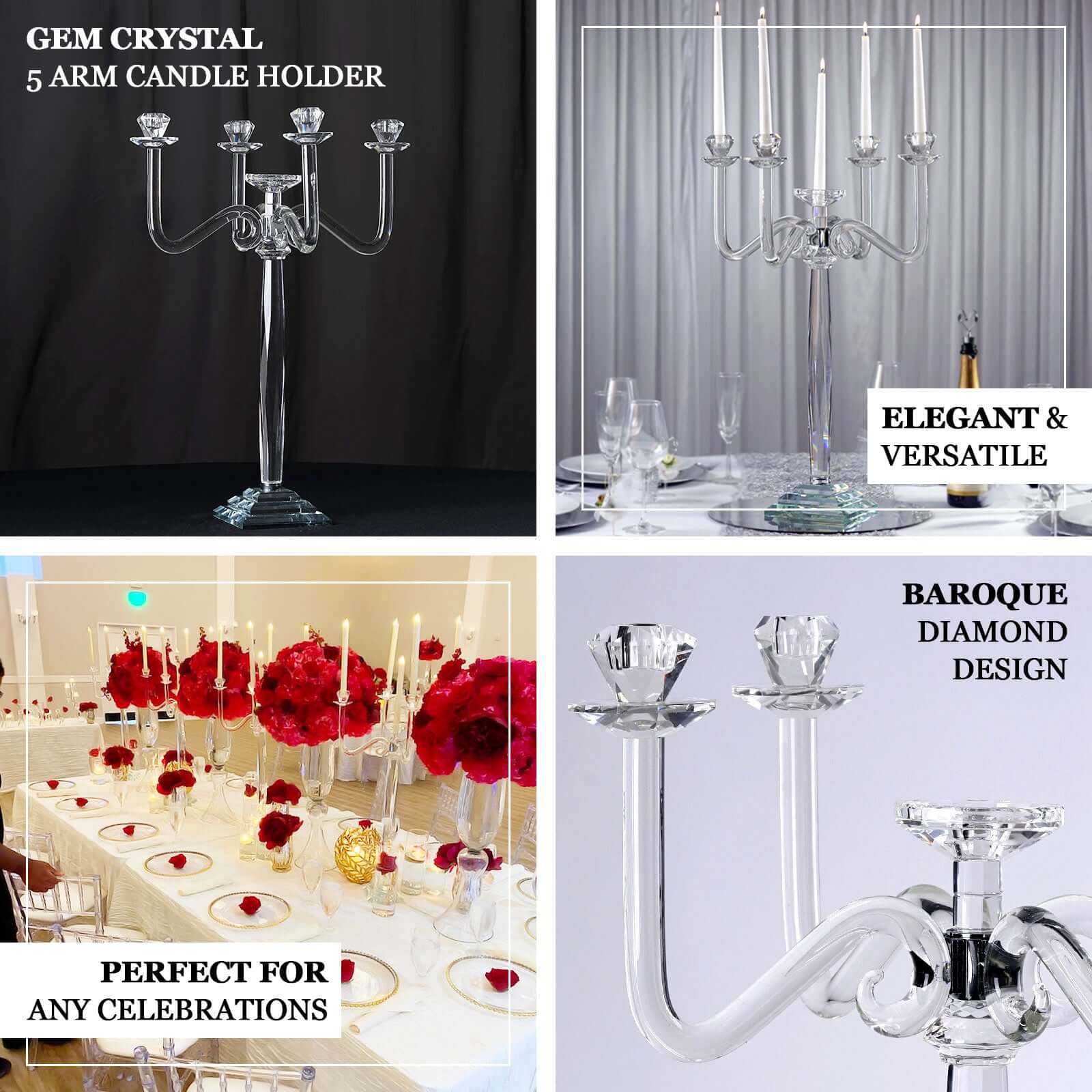 5 Arm Crystal Glass Candelabra Clear - Exquisite Decorative Taper Candle Holder Table Centerpiece for Grand Celebrations 27" - Linen Luxes