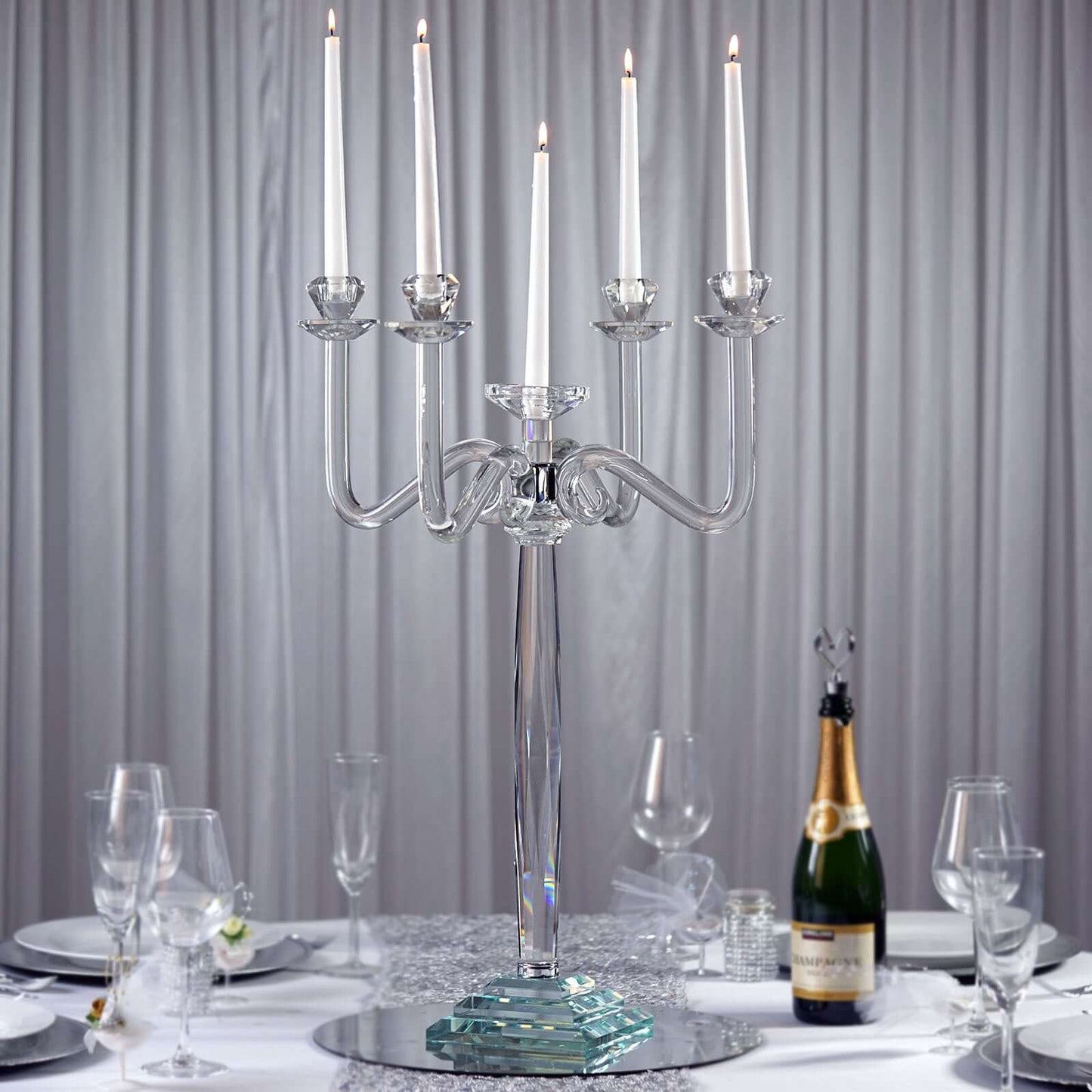 5 Arm Crystal Glass Candelabra Clear - Exquisite Decorative Taper Candle Holder Table Centerpiece for Grand Celebrations 27" - Linen Luxes