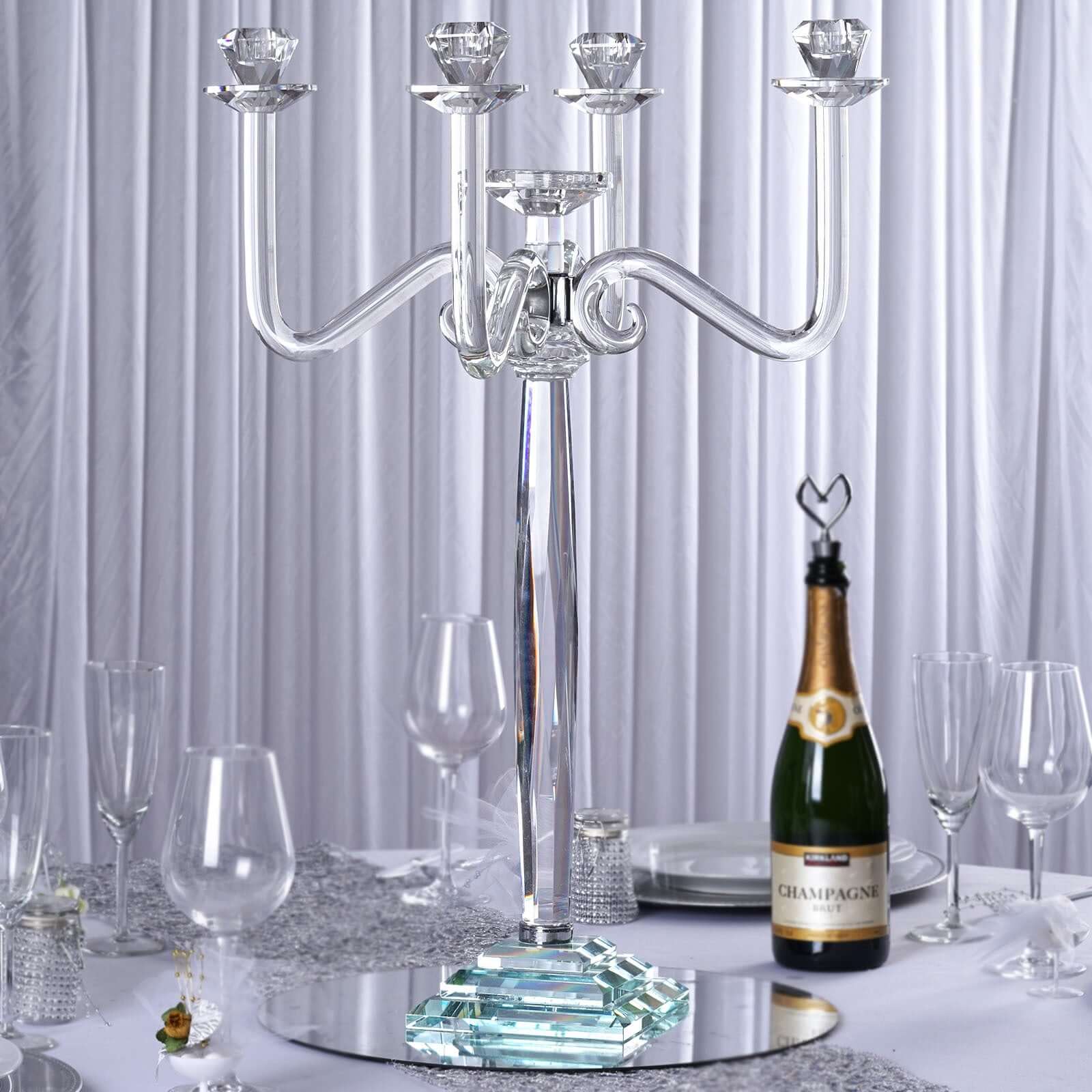 5 Arm Crystal Glass Candelabra Clear - Exquisite Decorative Taper Candle Holder Table Centerpiece for Grand Celebrations 27" - Linen Luxes
