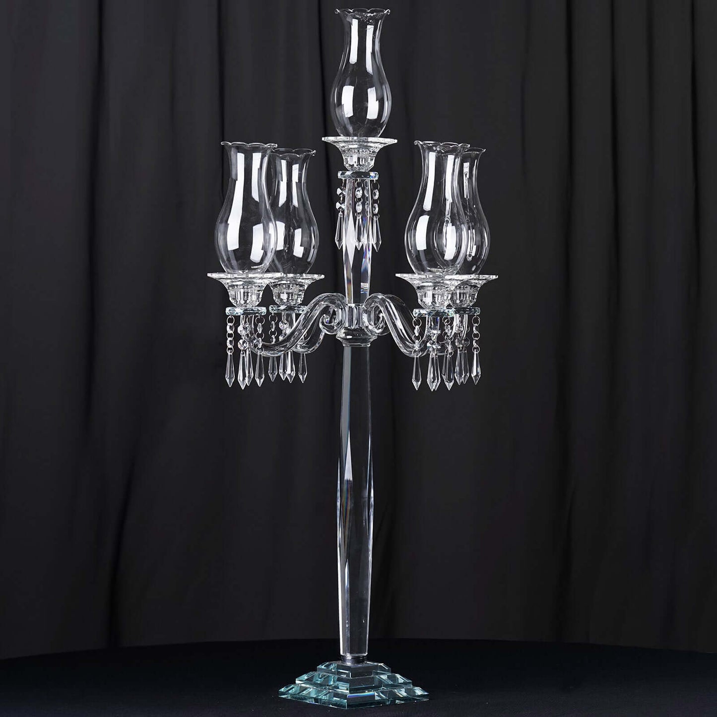 5 Arm Crystal Glass Taper Candle Holder Candelabra, Luxurious Table Centerpiece With Chandelier Chains 40" - Linen Luxes