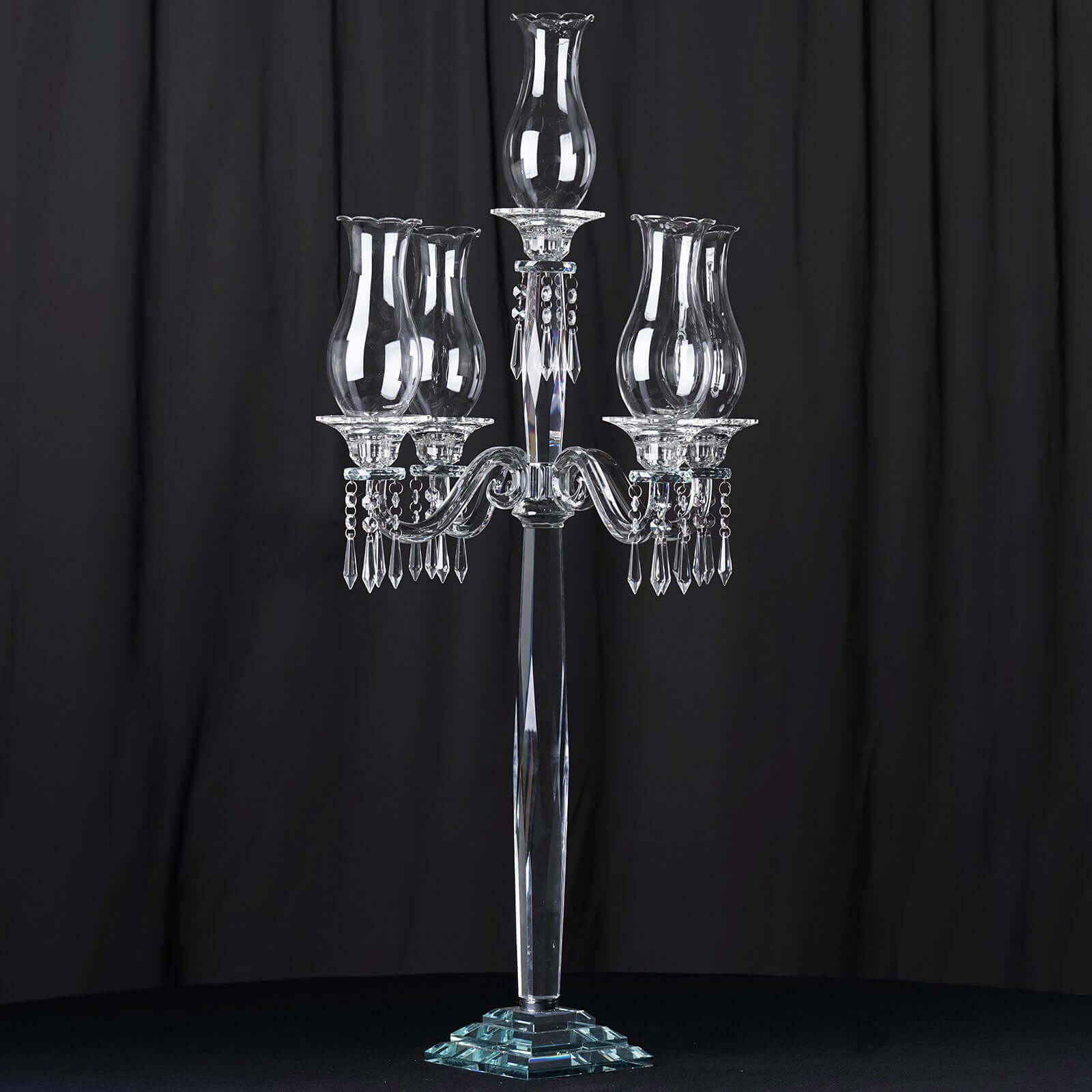 5 Arm Crystal Glass Taper Candle Holder Candelabra, Luxurious Table Centerpiece With Chandelier Chains 40" - Linen Luxes