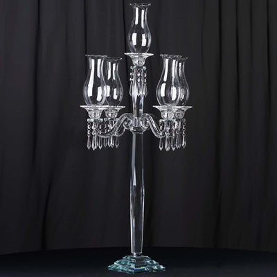 5 Arm Crystal Glass Taper Candle Holder Candelabra, Luxurious Table Centerpiece With Chandelier Chains 40" - Linen Luxes