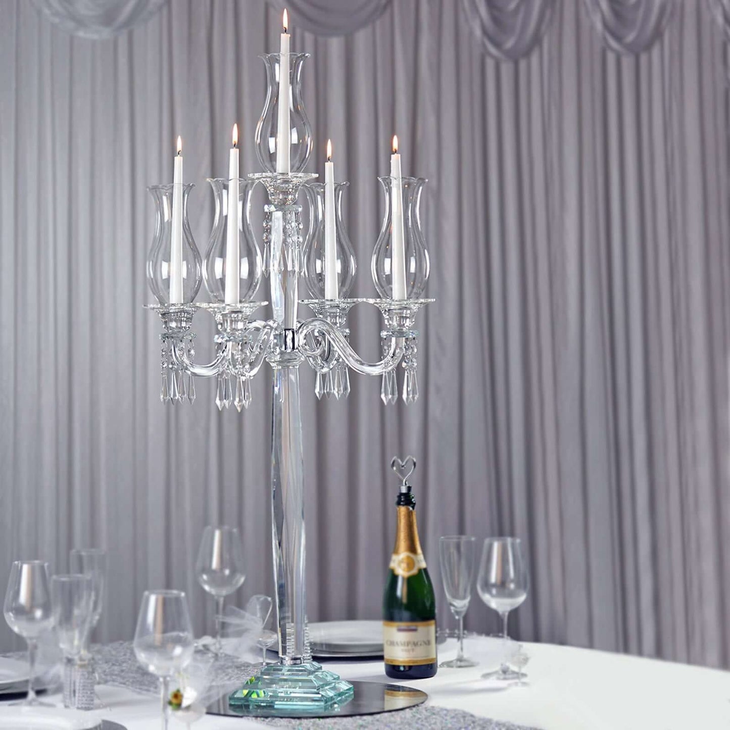 5 Arm Crystal Glass Taper Candle Holder Candelabra, Luxurious Table Centerpiece With Chandelier Chains 40" - Linen Luxes