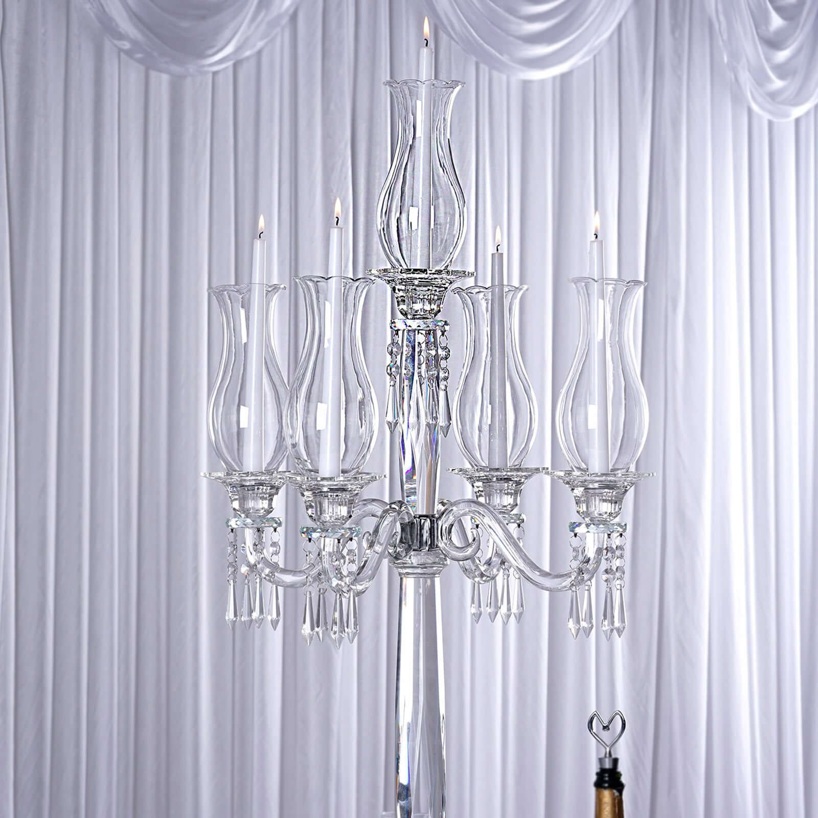 5 Arm Crystal Glass Taper Candle Holder Candelabra, Luxurious Table Centerpiece With Chandelier Chains 40" - Linen Luxes