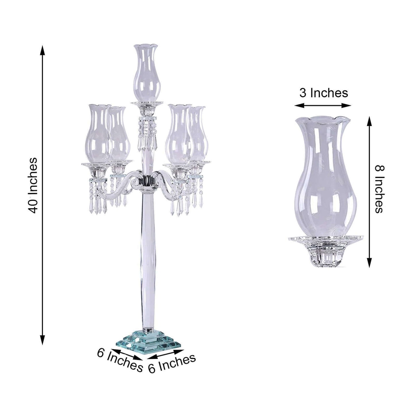 5 Arm Crystal Glass Taper Candle Holder Candelabra, Luxurious Table Centerpiece With Chandelier Chains 40" - Linen Luxes