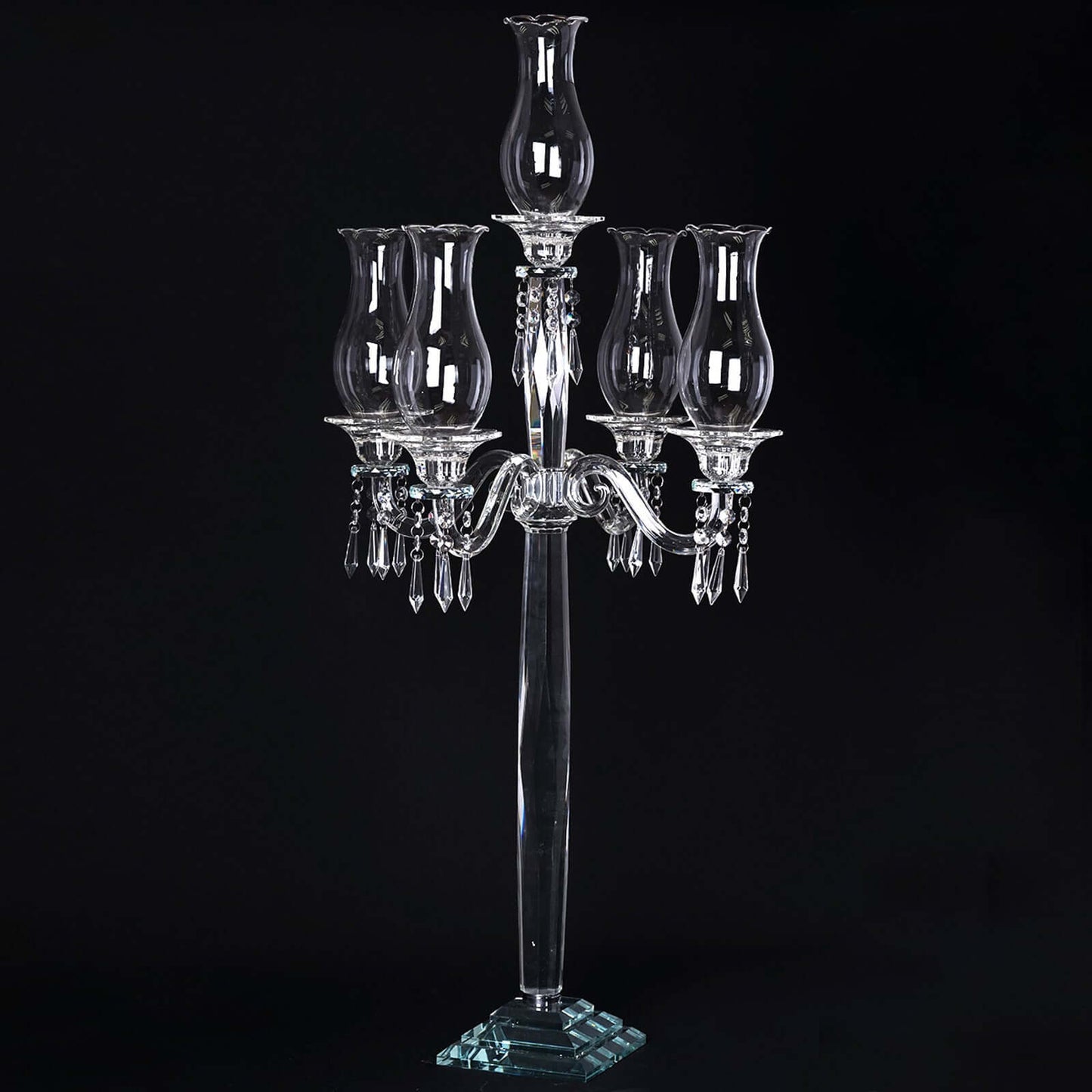 5 Arm Crystal Glass Taper Candle Holder Candelabra, Luxurious Table Centerpiece With Chandelier Chains 40" - Linen Luxes