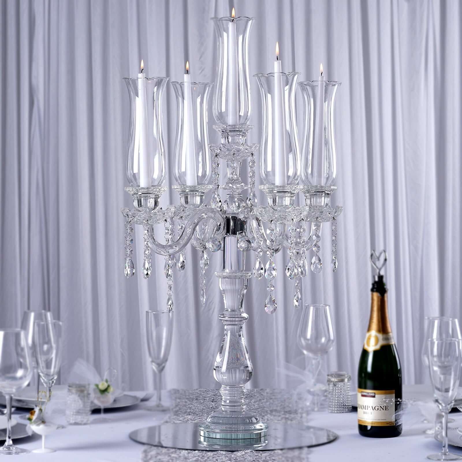5 Arm Crystal Glass Taper Candle Holder Candelabra, Stylish Table Centerpiece With Chandelier Chains 32" - Linen Luxes