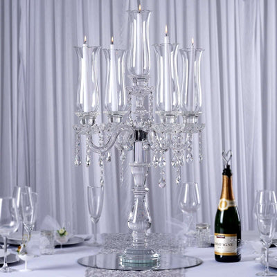 5 Arm Crystal Glass Taper Candle Holder Candelabra, Stylish Table Centerpiece With Chandelier Chains 32" - Linen Luxes