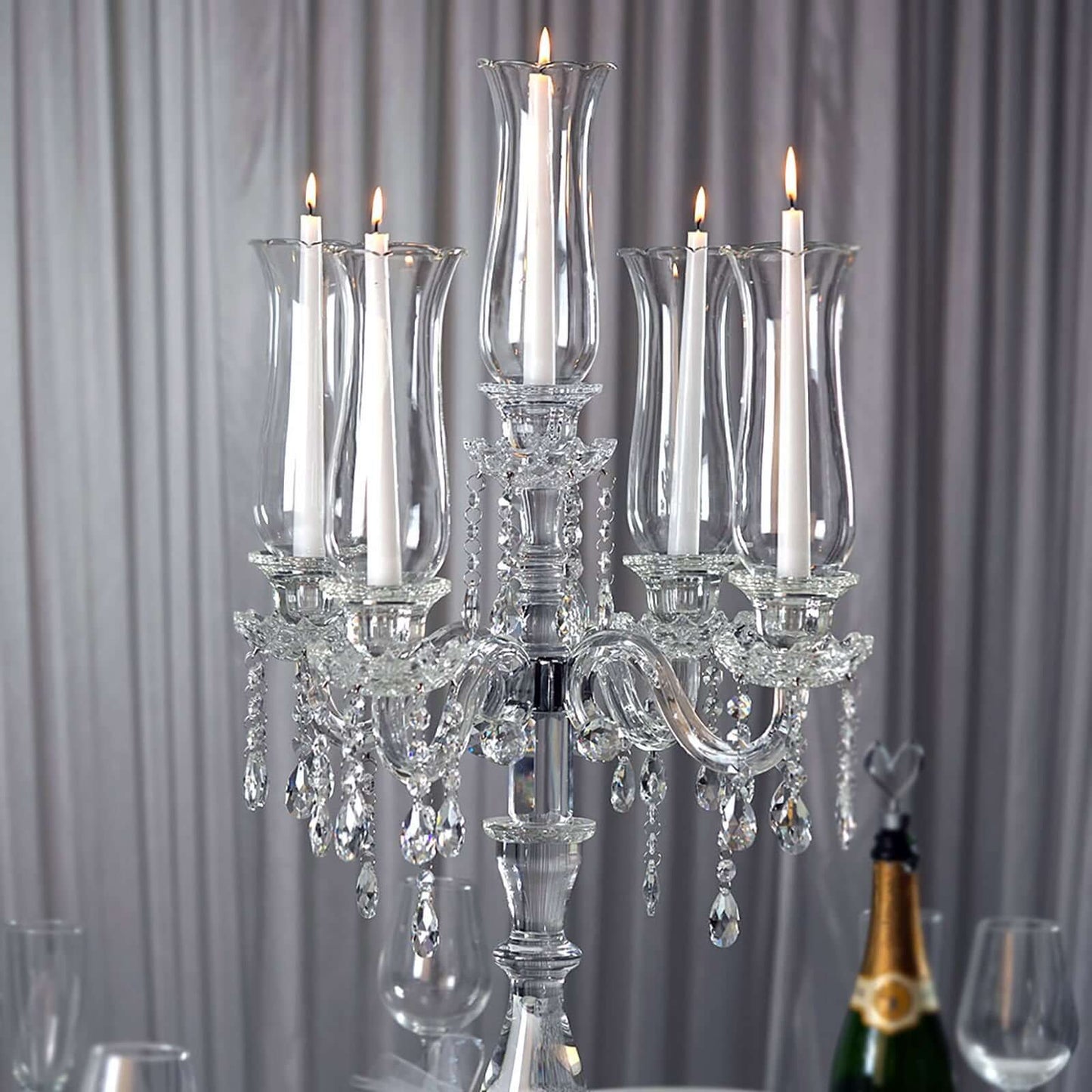 5 Arm Crystal Glass Taper Candle Holder Candelabra, Stylish Table Centerpiece With Chandelier Chains 32" - Linen Luxes