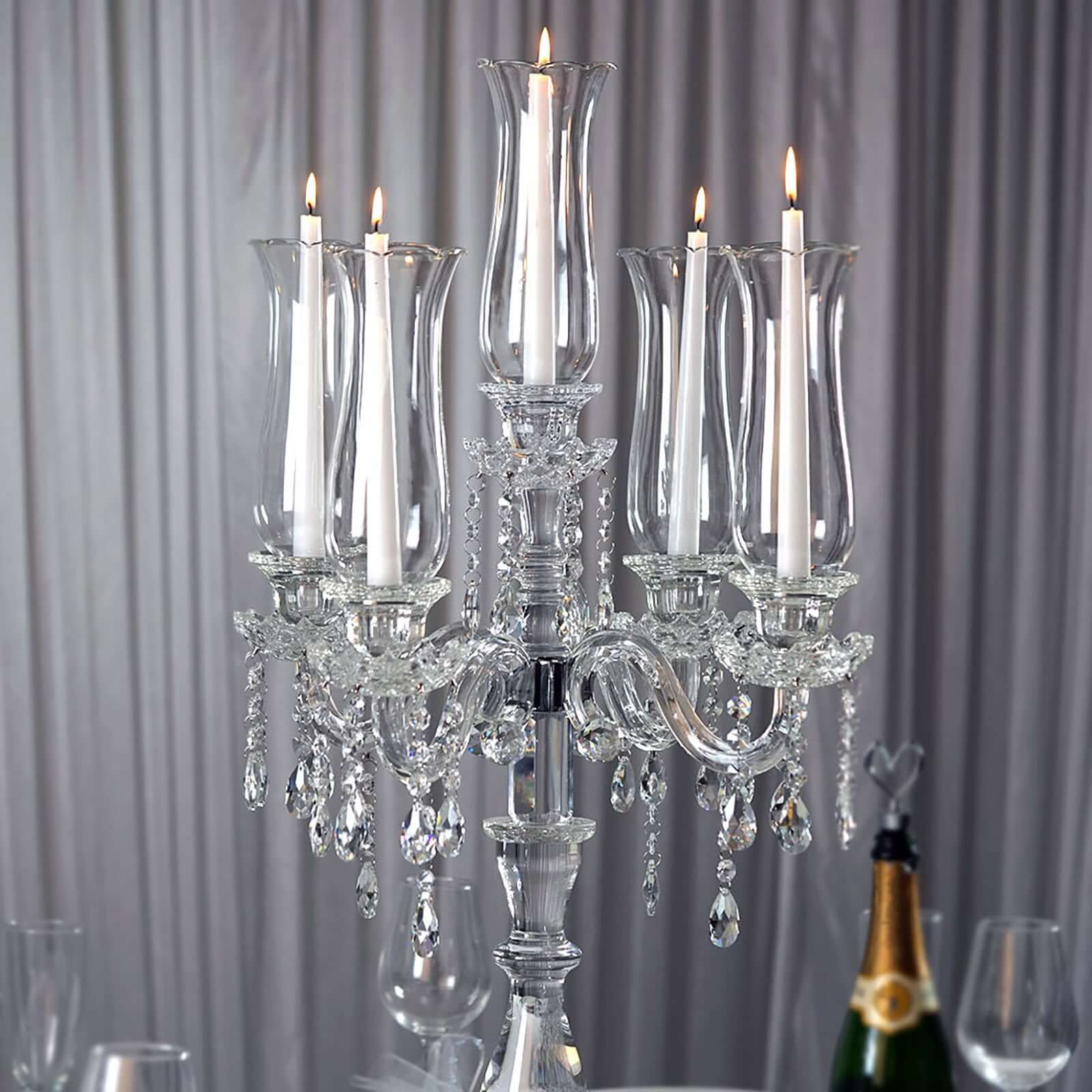 5 Arm Crystal Glass Taper Candle Holder Candelabra, Stylish Table Centerpiece With Chandelier Chains 32" - Linen Luxes