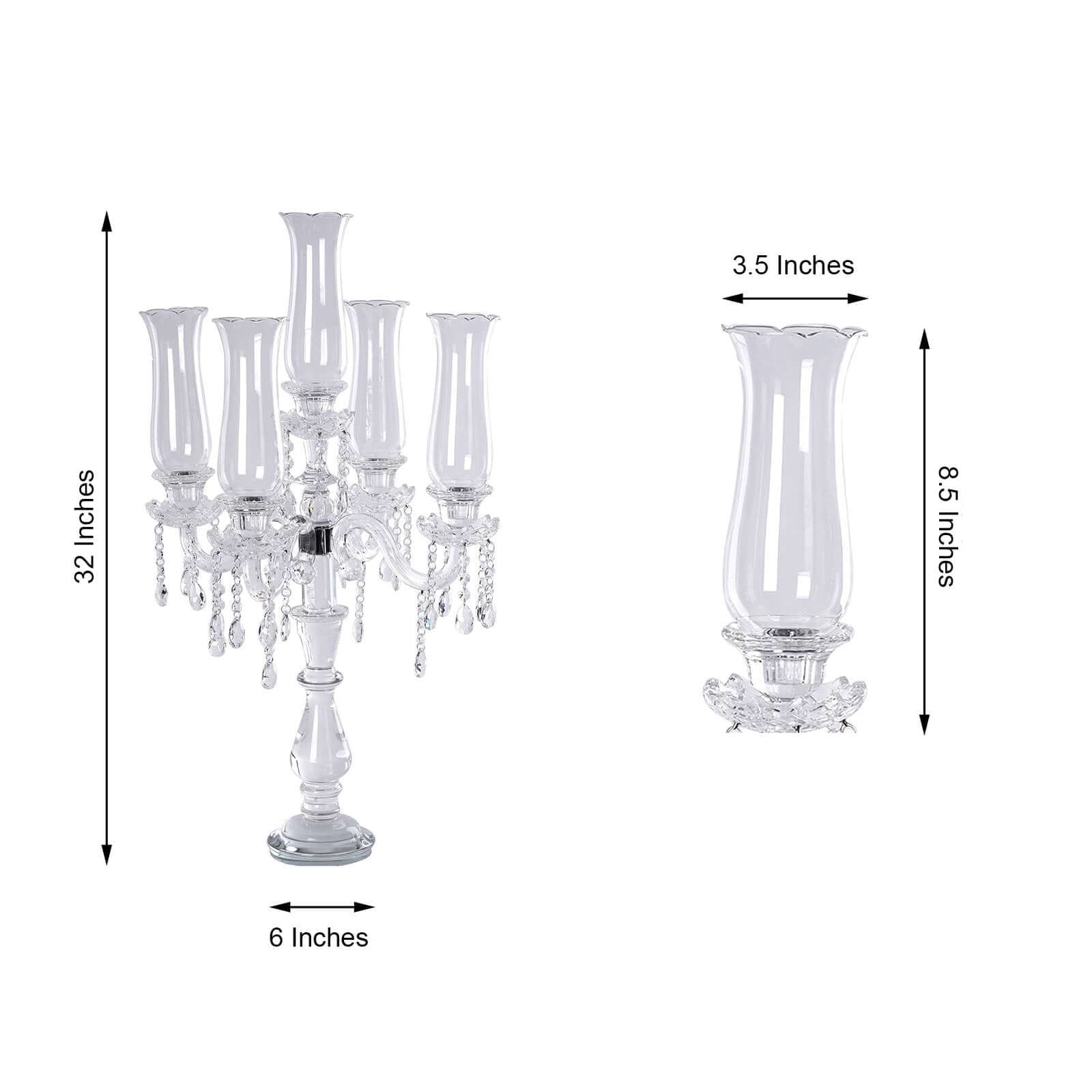5 Arm Crystal Glass Taper Candle Holder Candelabra, Stylish Table Centerpiece With Chandelier Chains 32" - Linen Luxes