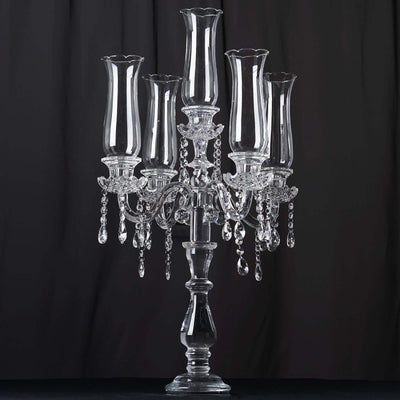 5 Arm Crystal Glass Taper Candle Holder Candelabra, Stylish Table Centerpiece With Chandelier Chains 32" - Linen Luxes