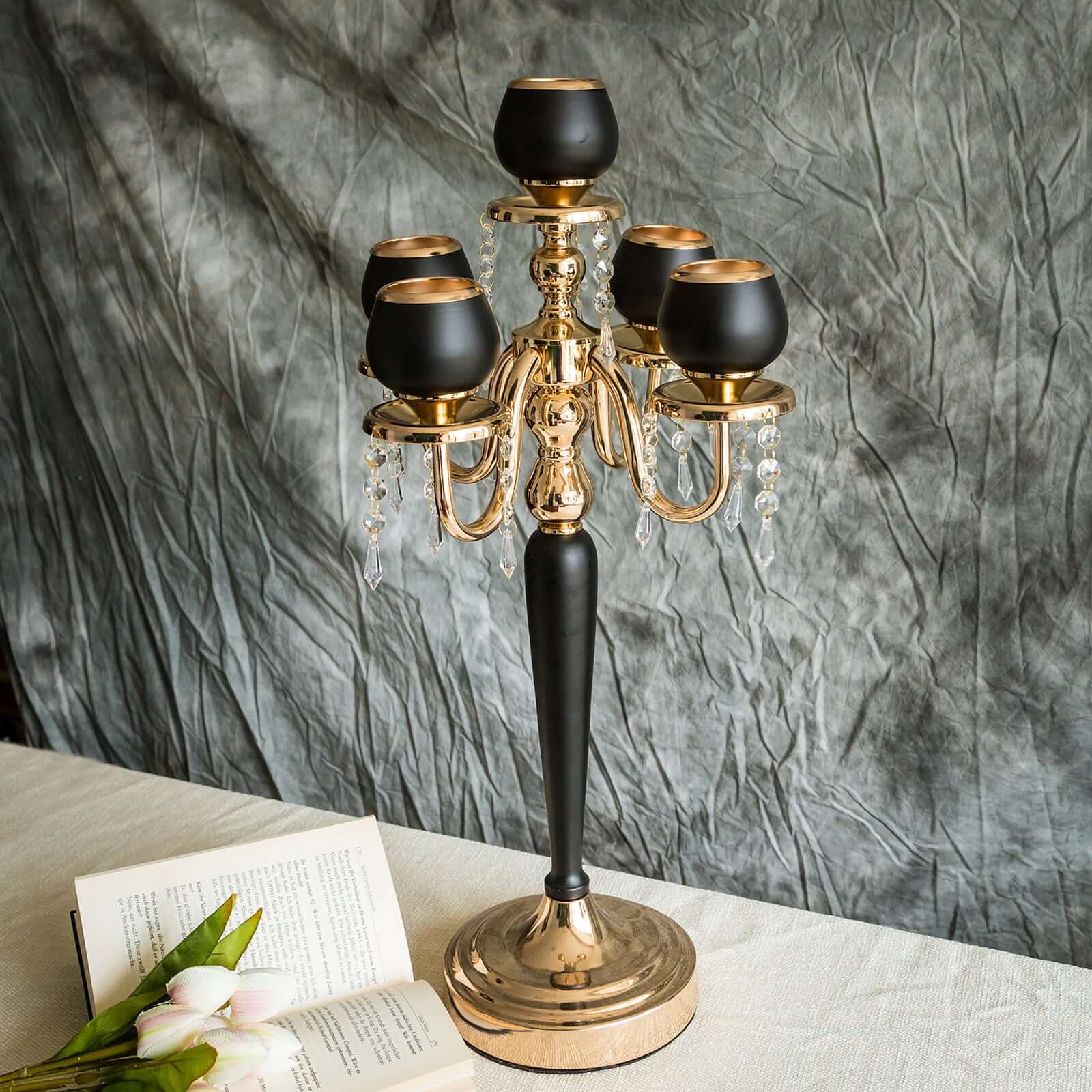 5 - Arm Metal Candelabra Candle Holder Gold/Black - Chic Table Centerpiece for Events 25" - Linen Luxes