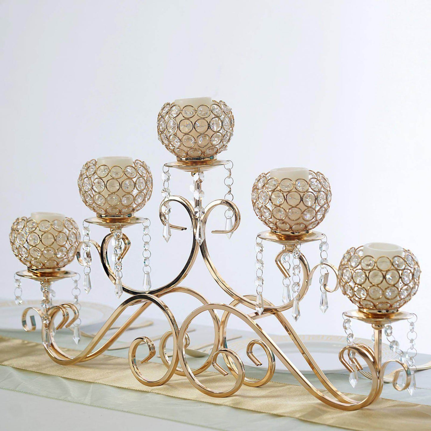 5 - Arm Metal Candelabra Horizontal Design with Crystal Goblets Gold - Table Centerpiece for Events 27" - Linen Luxes