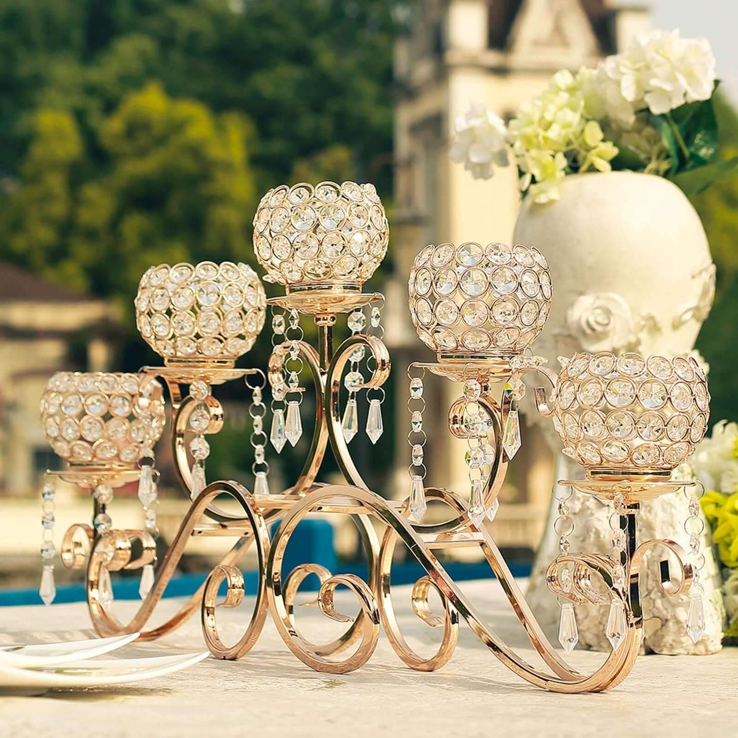 5 - Arm Metal Candelabra Horizontal Design with Crystal Goblets Gold - Table Centerpiece for Events 27" - Linen Luxes
