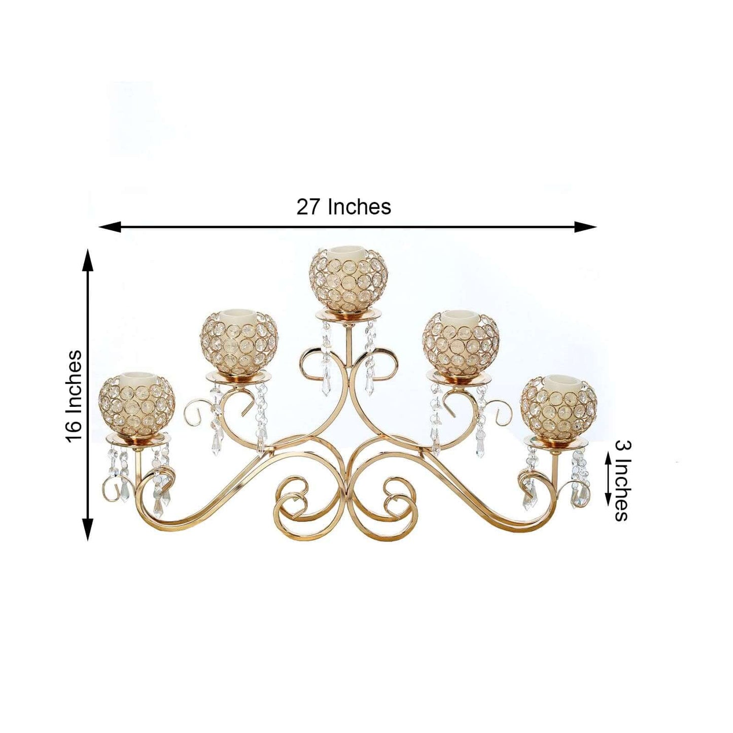 5 - Arm Metal Candelabra Horizontal Design with Crystal Goblets Gold - Table Centerpiece for Events 27" - Linen Luxes