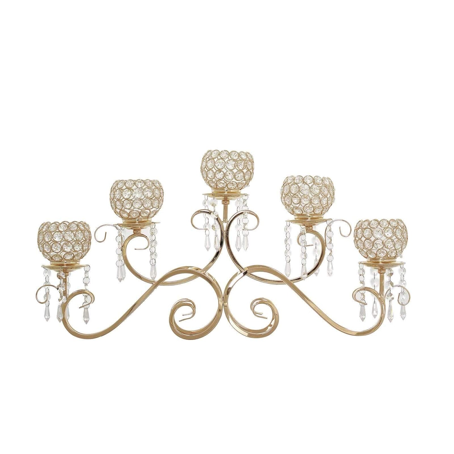 5 - Arm Metal Candelabra Horizontal Design with Crystal Goblets Gold - Table Centerpiece for Events 27" - Linen Luxes