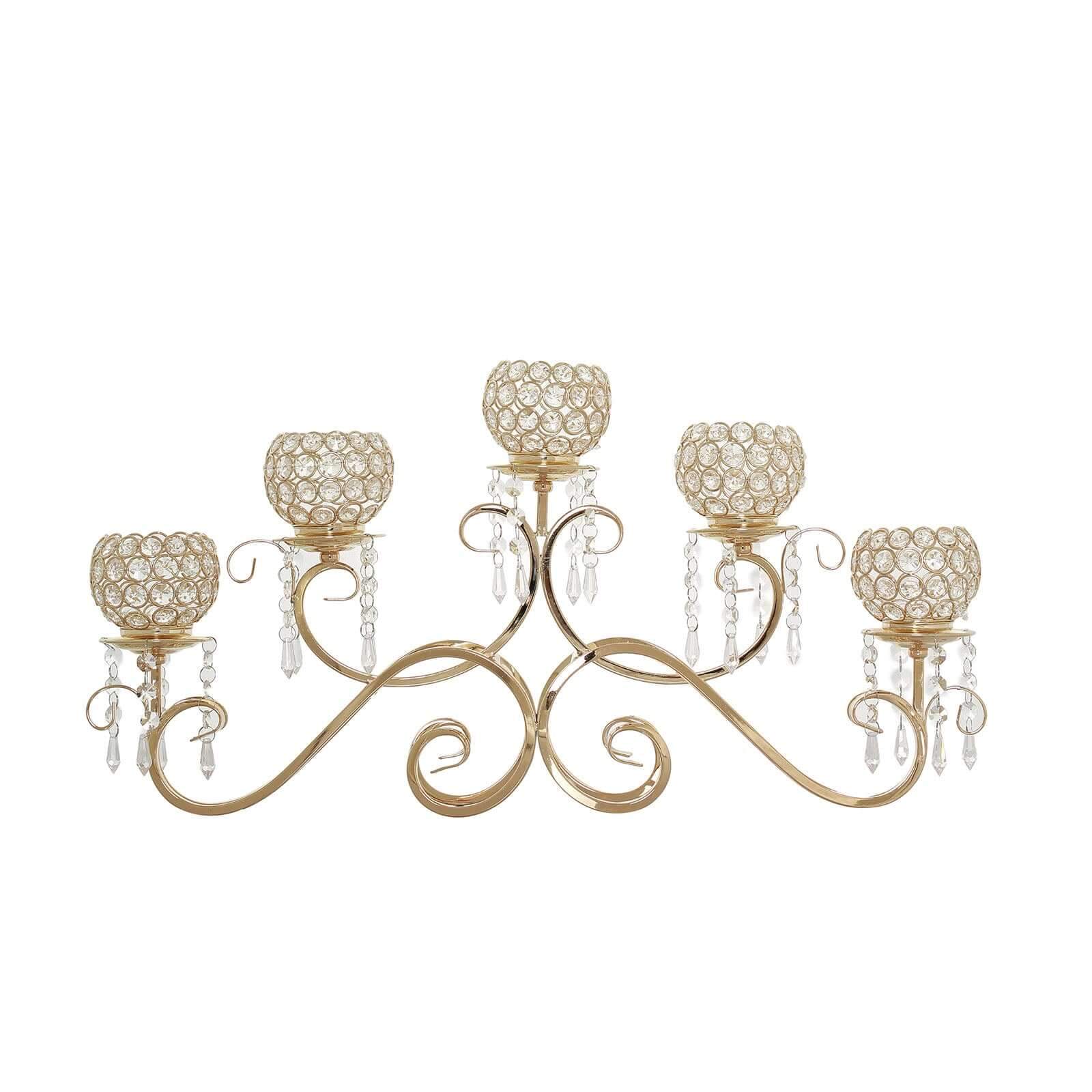 5 - Arm Metal Candelabra Horizontal Design with Crystal Goblets Gold - Table Centerpiece for Events 27" - Linen Luxes