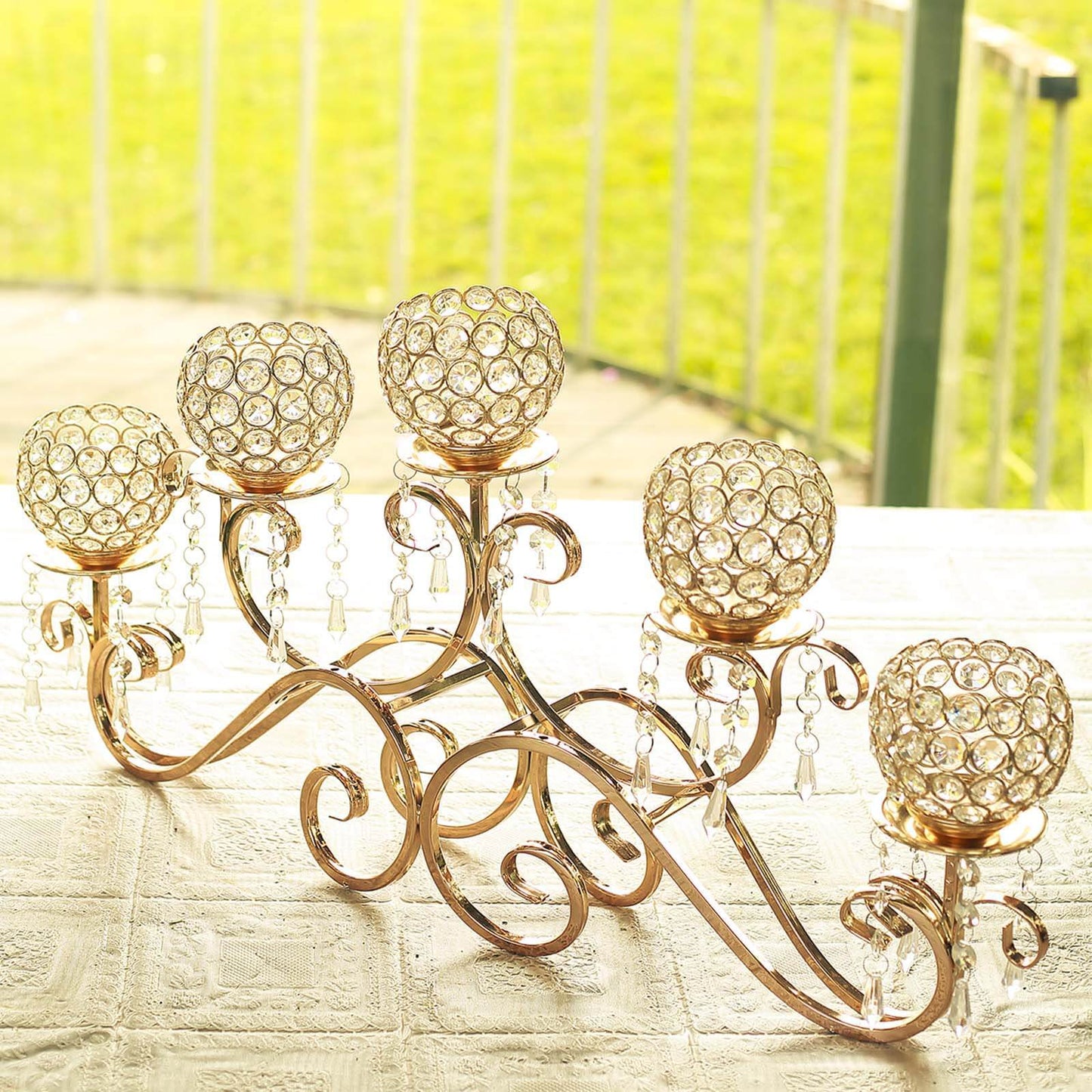 5 - Arm Metal Candelabra Horizontal Design with Crystal Goblets Gold - Table Centerpiece for Events 27" - Linen Luxes