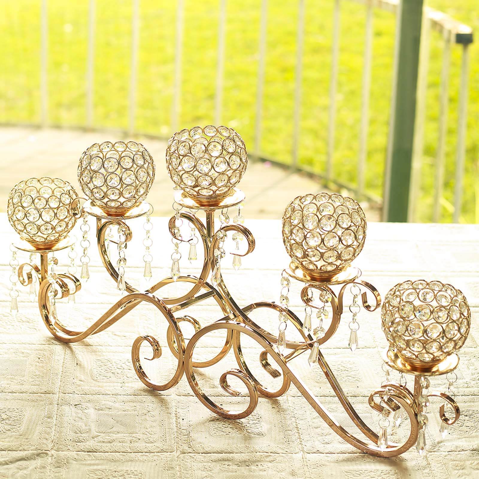 5 - Arm Metal Candelabra Horizontal Design with Crystal Goblets Gold - Table Centerpiece for Events 27" - Linen Luxes