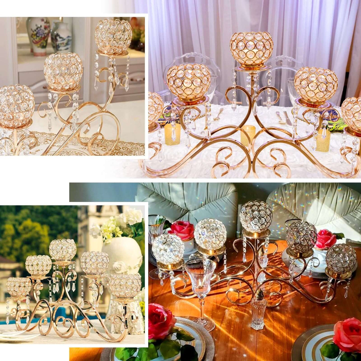 5 - Arm Metal Candelabra Horizontal Design with Crystal Goblets Gold - Table Centerpiece for Events 27" - Linen Luxes
