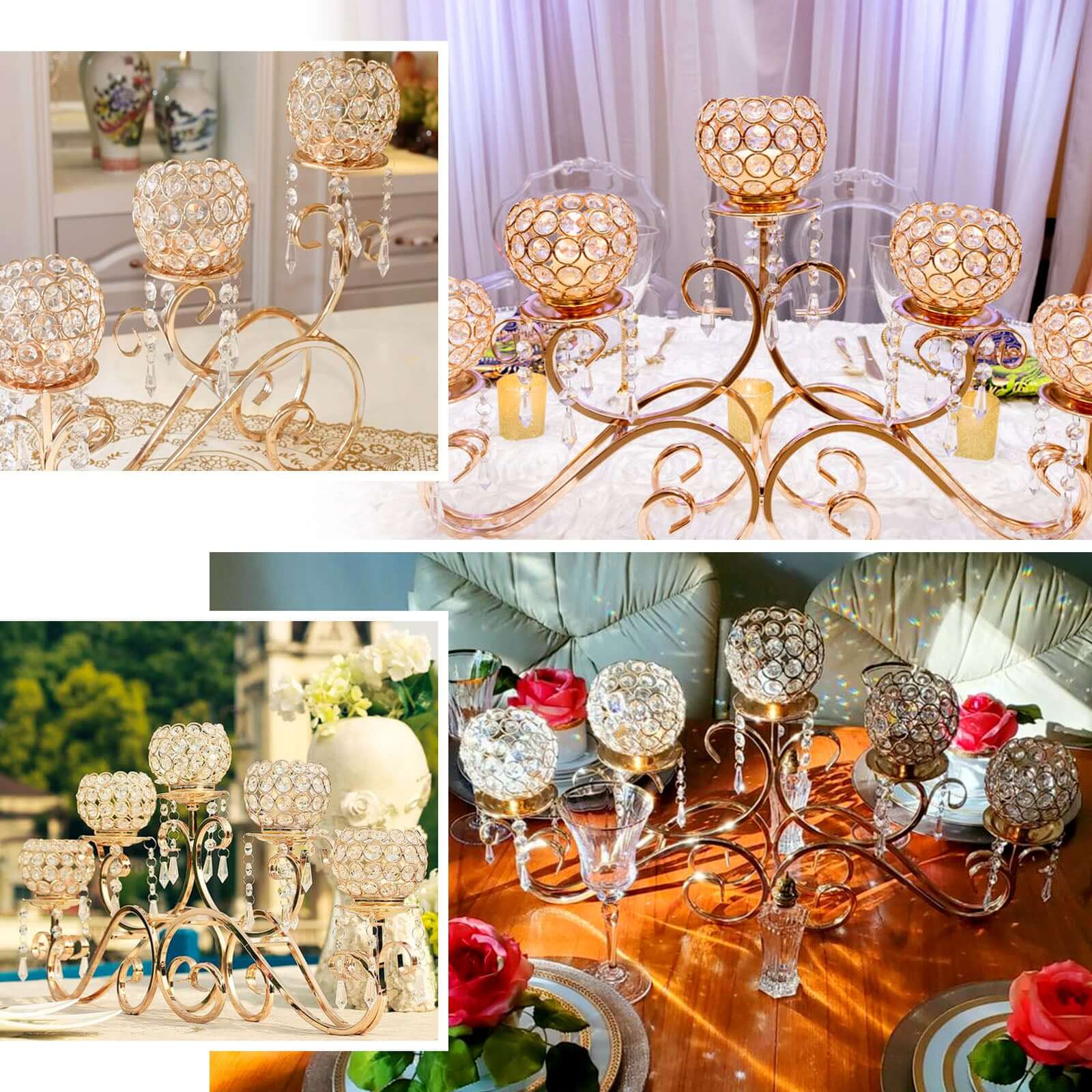 5 - Arm Metal Candelabra Horizontal Design with Crystal Goblets Gold - Table Centerpiece for Events 27" - Linen Luxes