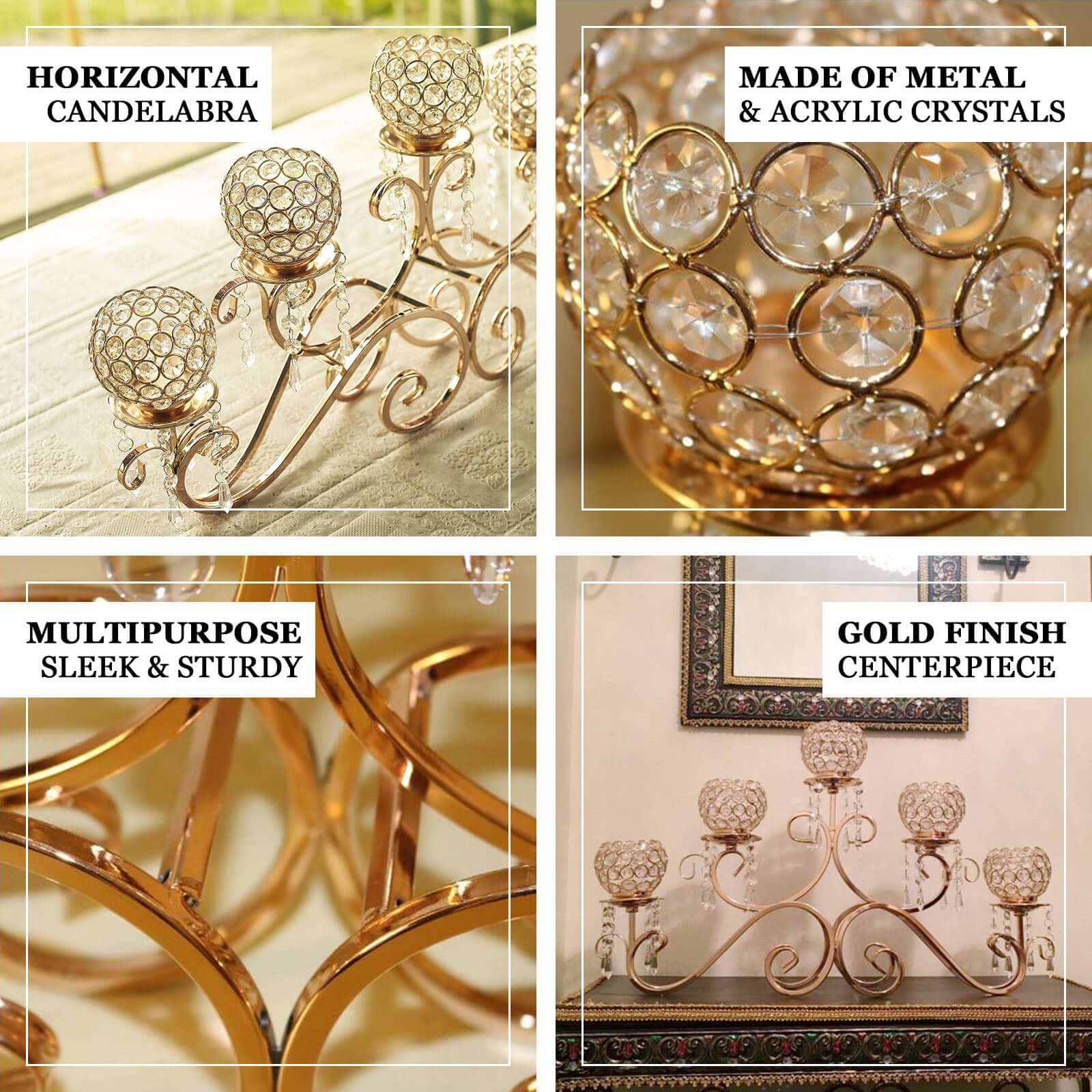 5 - Arm Metal Candelabra Horizontal Design with Crystal Goblets Gold - Table Centerpiece for Events 27" - Linen Luxes