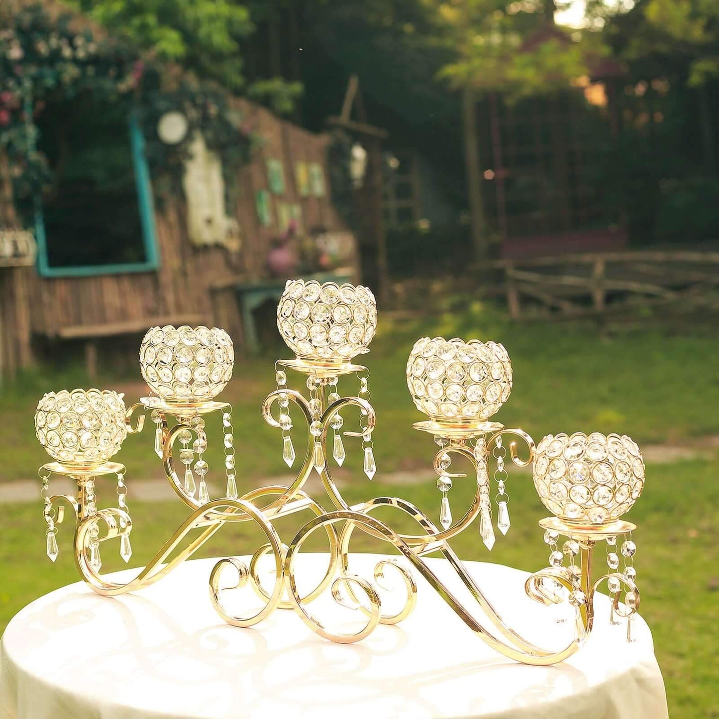 5 - Arm Metal Candelabra Horizontal Design with Crystal Goblets Gold - Table Centerpiece for Events 27" - Linen Luxes