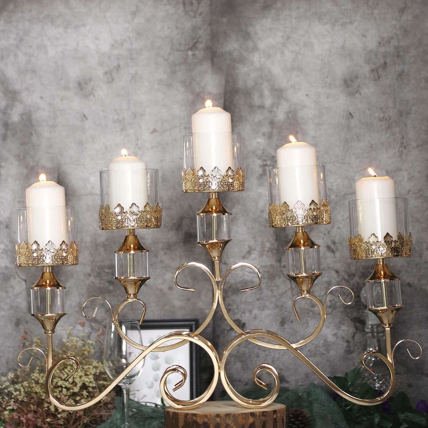 5 - Arm Metal Table Candelabra Antique Gold Crown Top Design - Stylish Horizontal Table Centerpiece with Glass Votive Holders 18" - Linen Luxes