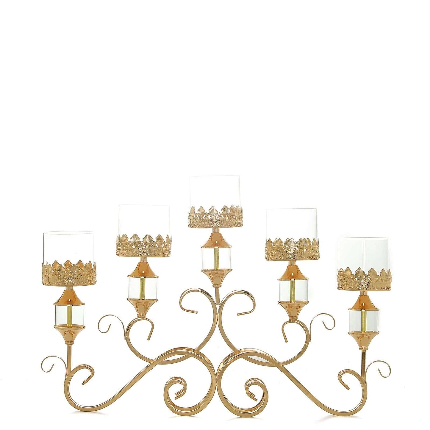 5 - Arm Metal Table Candelabra Antique Gold Crown Top Design - Stylish Horizontal Table Centerpiece with Glass Votive Holders 18" - Linen Luxes