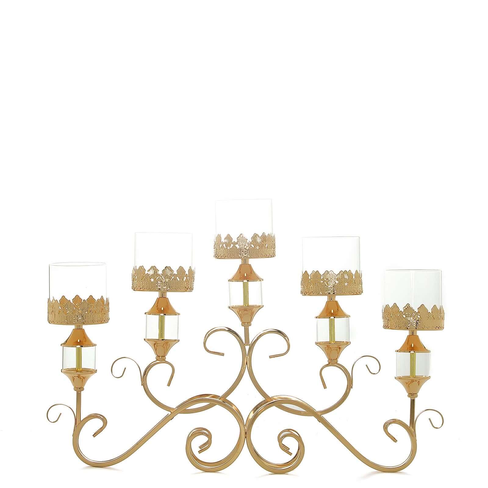 5 - Arm Metal Table Candelabra Antique Gold Crown Top Design - Stylish Horizontal Table Centerpiece with Glass Votive Holders 18" - Linen Luxes