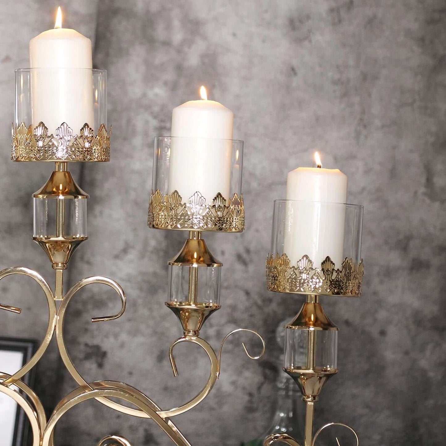 5 - Arm Metal Table Candelabra Antique Gold Crown Top Design - Stylish Horizontal Table Centerpiece with Glass Votive Holders 18" - Linen Luxes