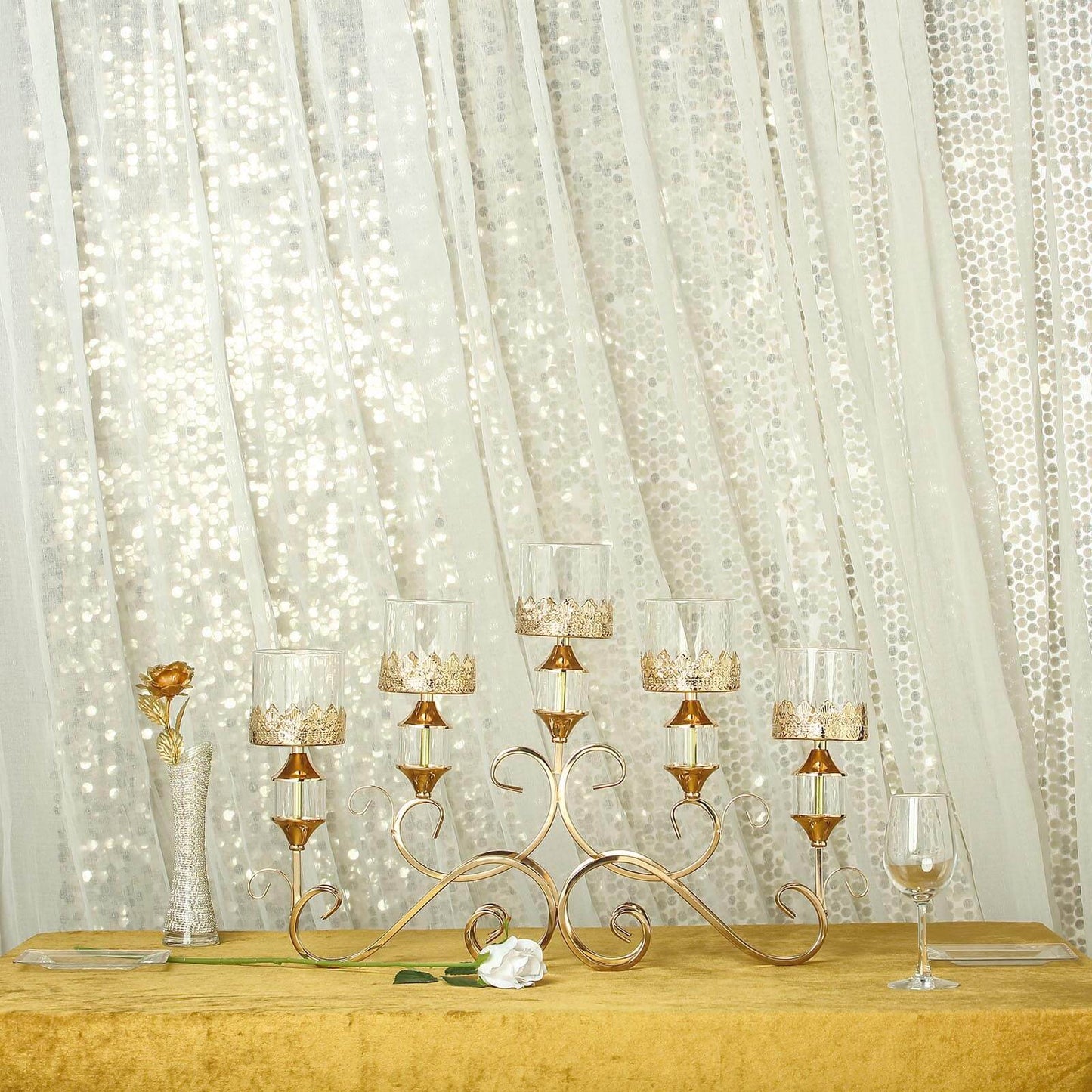 5 - Arm Metal Table Candelabra Antique Gold Crown Top Design - Stylish Horizontal Table Centerpiece with Glass Votive Holders 18" - Linen Luxes