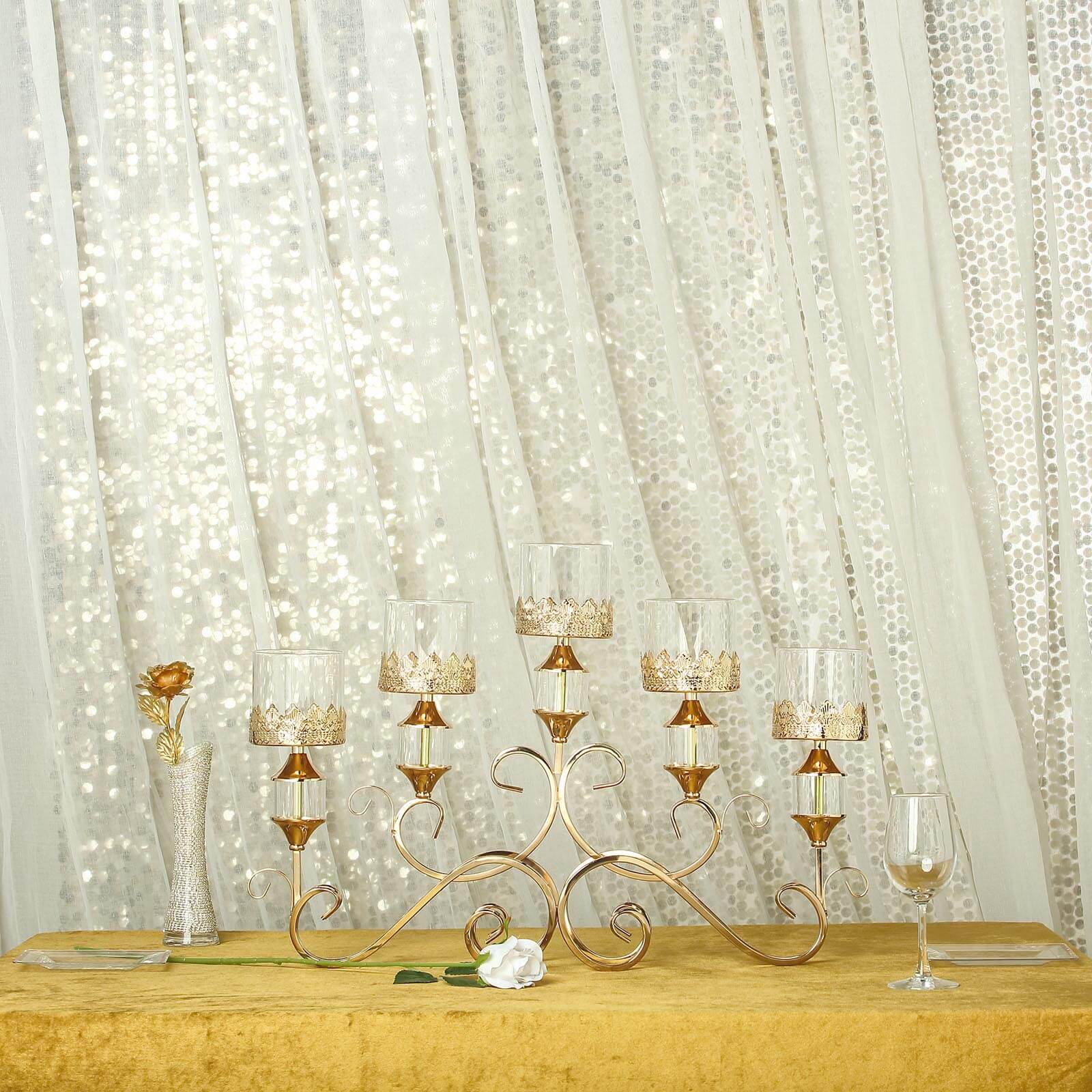 5 - Arm Metal Table Candelabra Antique Gold Crown Top Design - Stylish Horizontal Table Centerpiece with Glass Votive Holders 18" - Linen Luxes