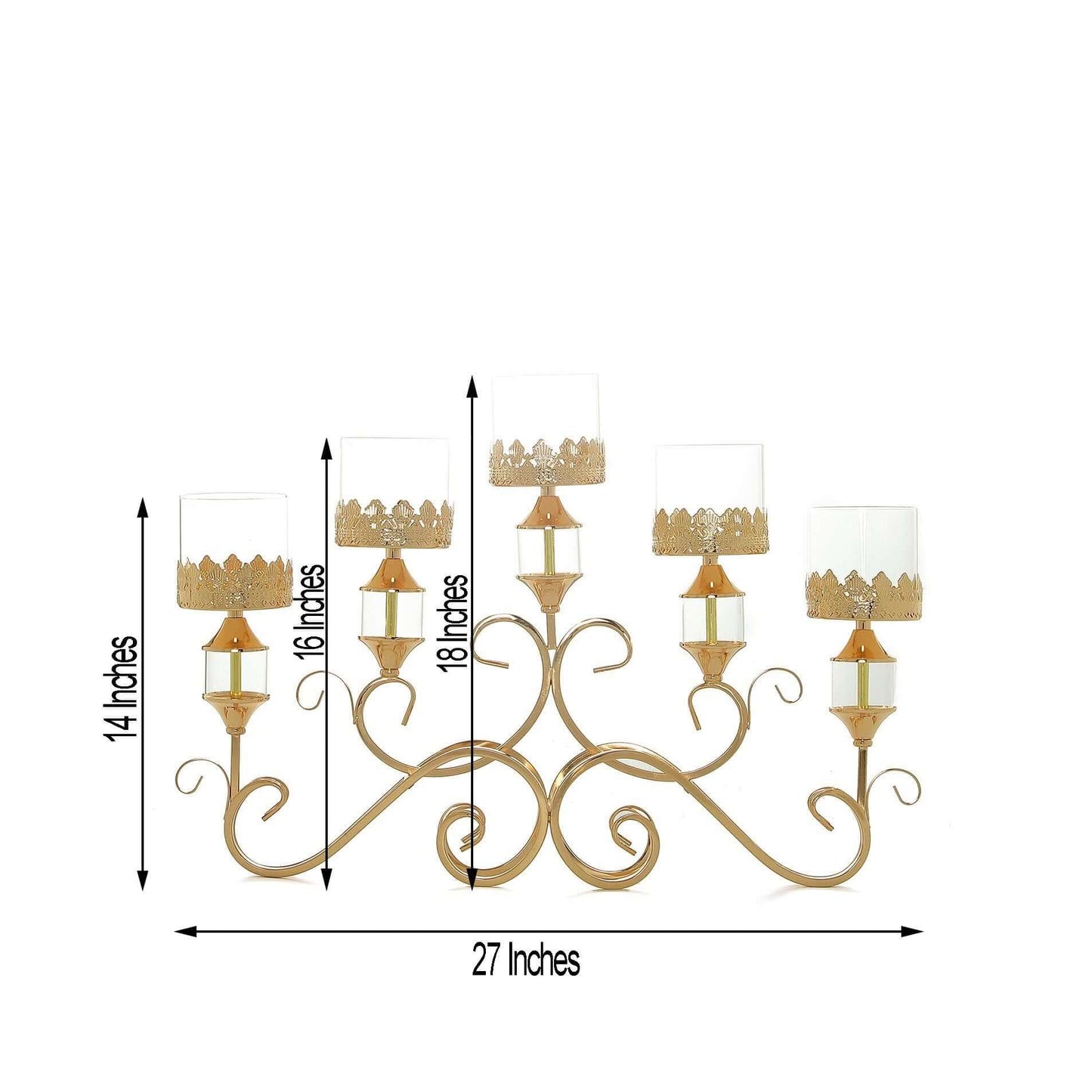 5 - Arm Metal Table Candelabra Antique Gold Crown Top Design - Stylish Horizontal Table Centerpiece with Glass Votive Holders 18" - Linen Luxes