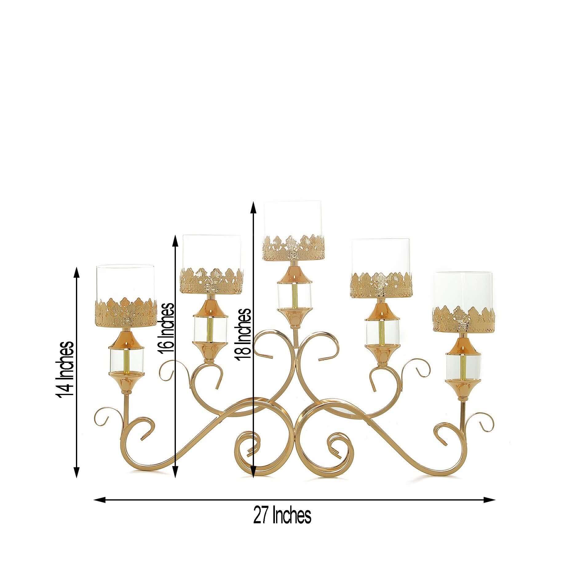 5 - Arm Metal Table Candelabra Antique Gold Crown Top Design - Stylish Horizontal Table Centerpiece with Glass Votive Holders 18" - Linen Luxes