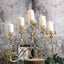 5 - Arm Metal Table Candelabra Antique Gold Crown Top Design - Stylish Horizontal Table Centerpiece with Glass Votive Holders 18" - Linen Luxes