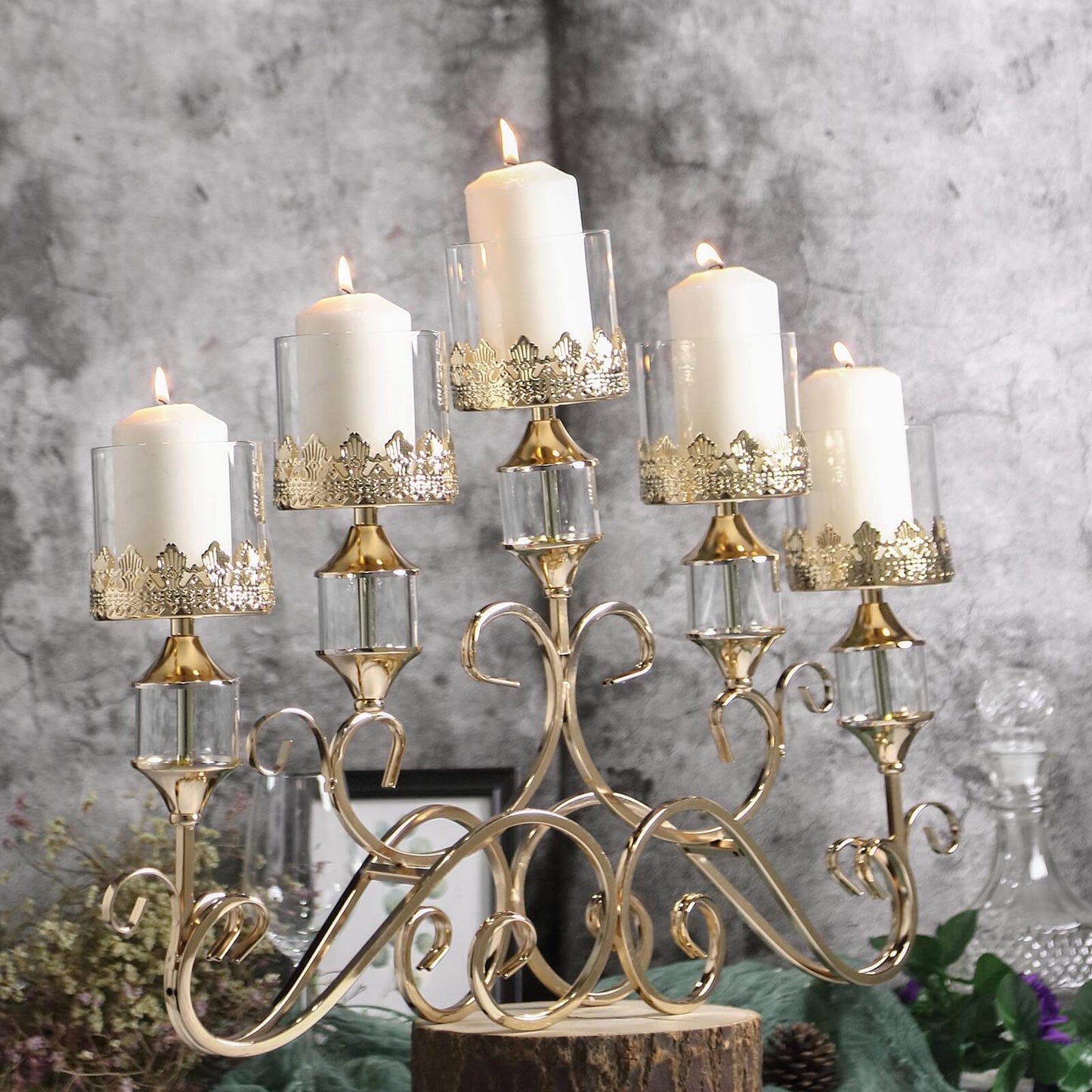 5 - Arm Metal Table Candelabra Antique Gold Crown Top Design - Stylish Horizontal Table Centerpiece with Glass Votive Holders 18" - Linen Luxes