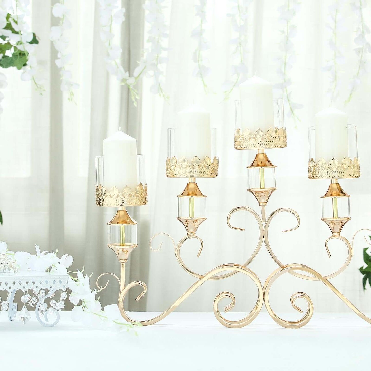 5 - Arm Metal Table Candelabra Antique Gold Crown Top Design - Stylish Horizontal Table Centerpiece with Glass Votive Holders 18" - Linen Luxes