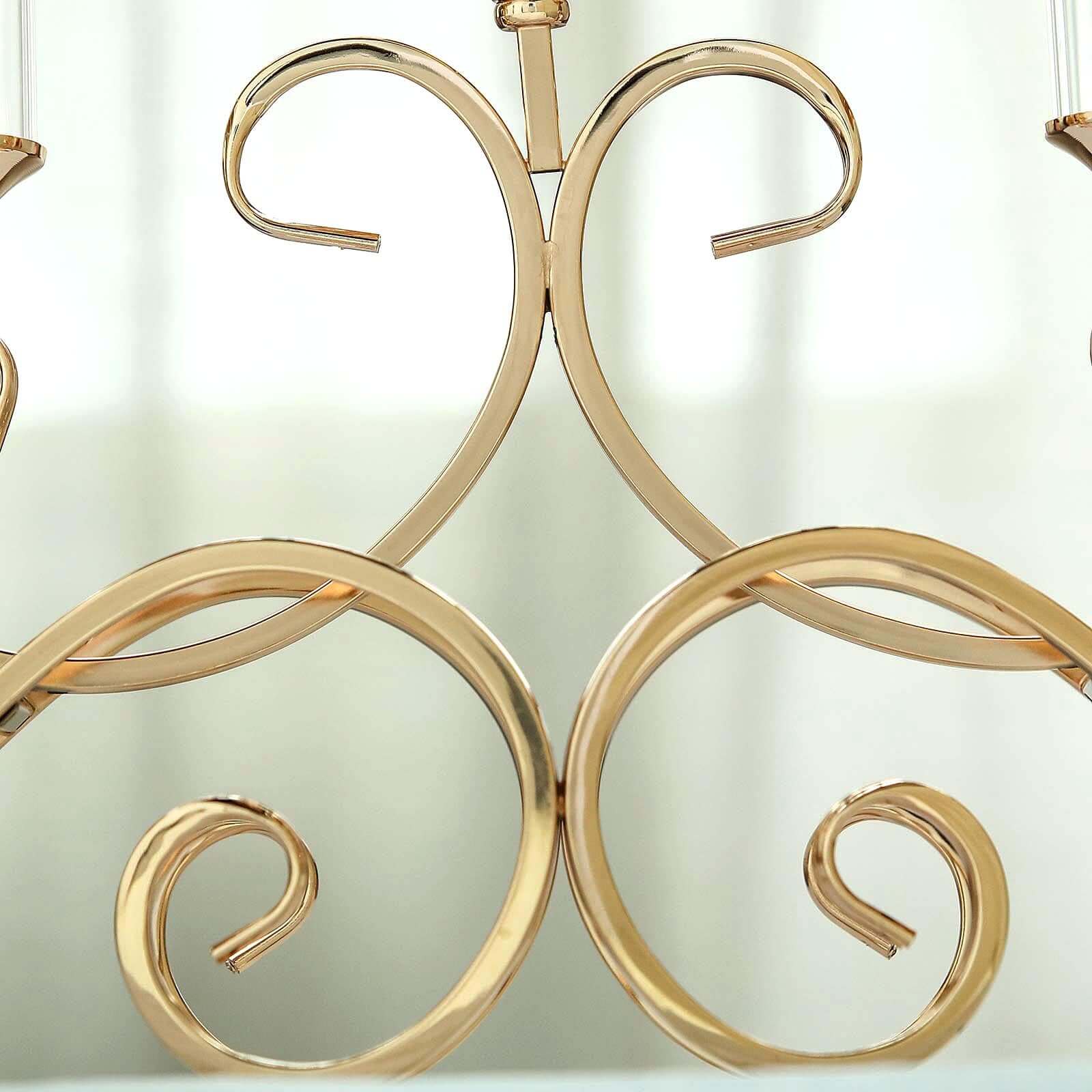 5 - Arm Metal Table Candelabra Antique Gold Crown Top Design - Stylish Horizontal Table Centerpiece with Glass Votive Holders 18" - Linen Luxes