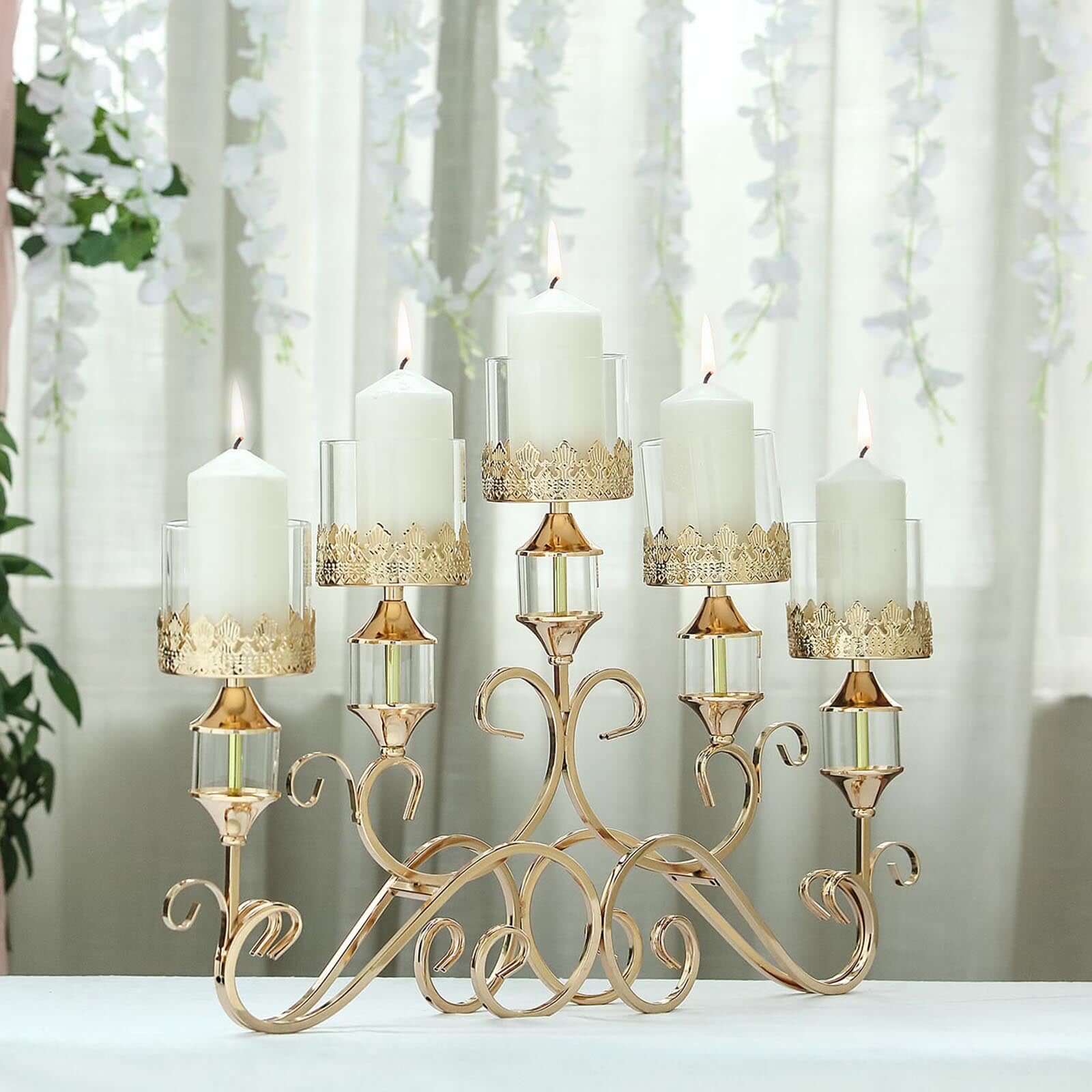 5 - Arm Metal Table Candelabra Antique Gold Crown Top Design - Stylish Horizontal Table Centerpiece with Glass Votive Holders 18" - Linen Luxes