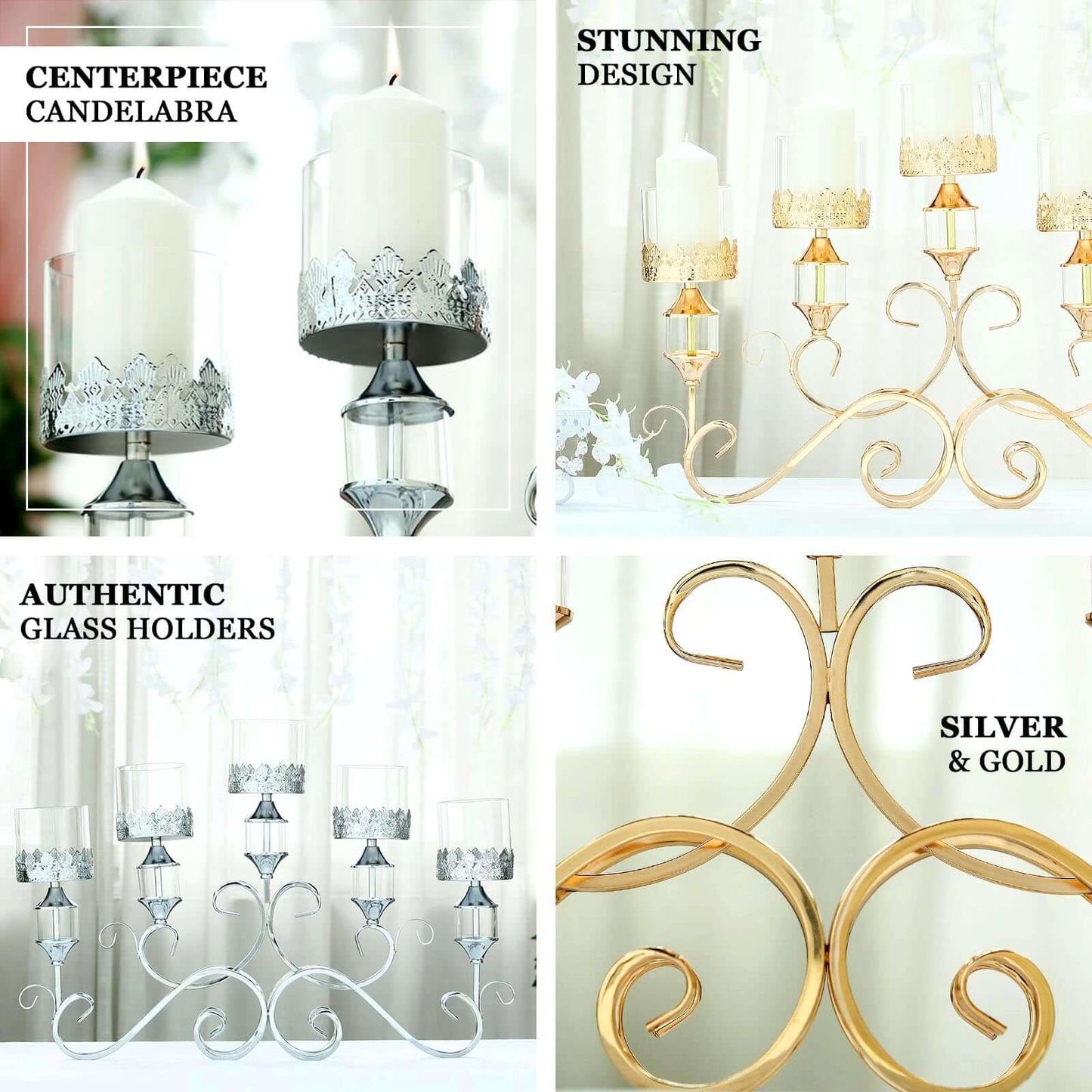 5 - Arm Metal Table Candelabra Antique Gold Crown Top Design - Stylish Horizontal Table Centerpiece with Glass Votive Holders 18" - Linen Luxes