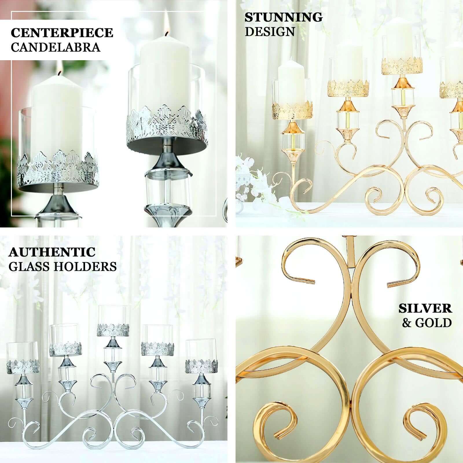 5 - Arm Metal Table Candelabra Antique Gold Crown Top Design - Stylish Horizontal Table Centerpiece with Glass Votive Holders 18" - Linen Luxes