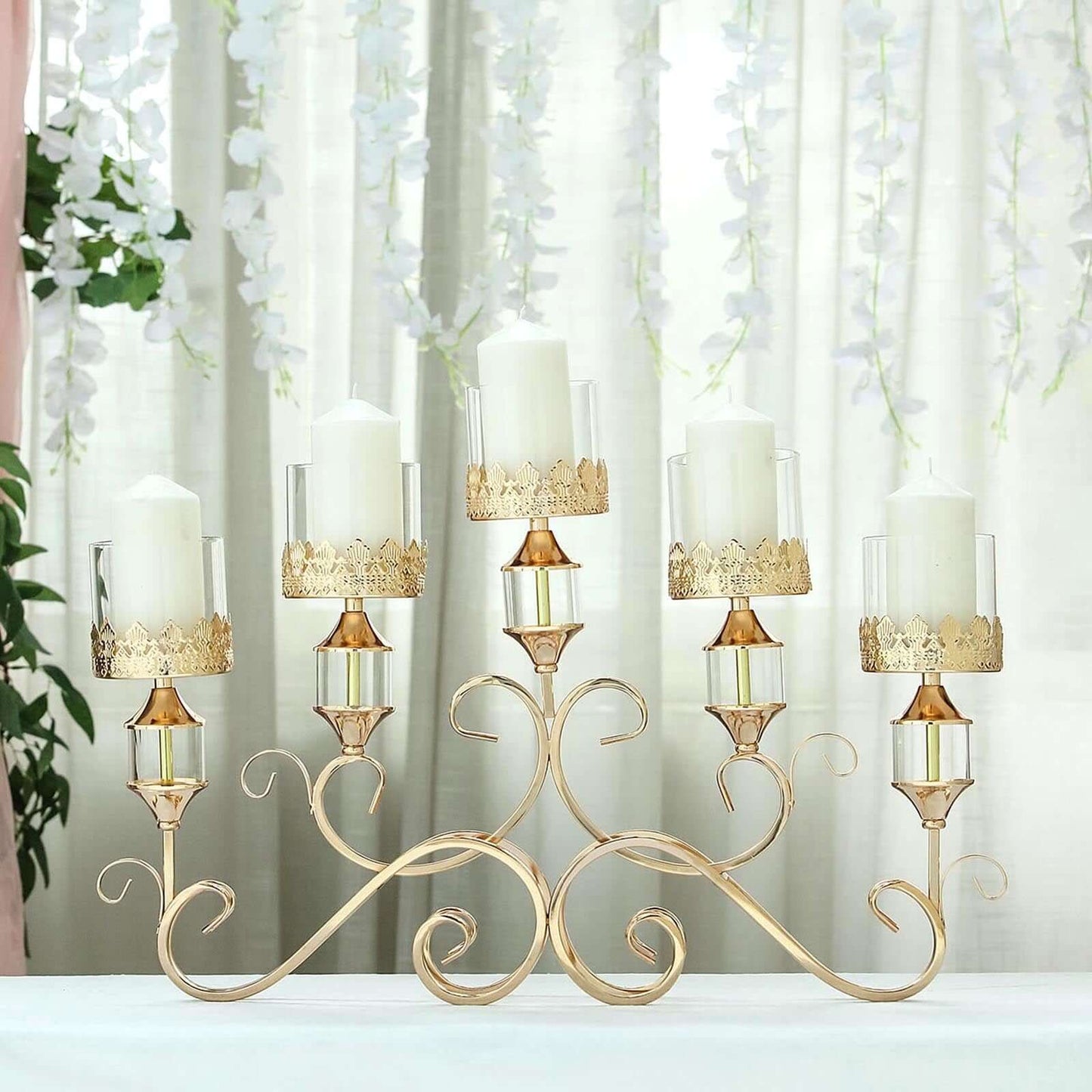 5 - Arm Metal Table Candelabra Antique Gold Crown Top Design - Stylish Horizontal Table Centerpiece with Glass Votive Holders 18" - Linen Luxes