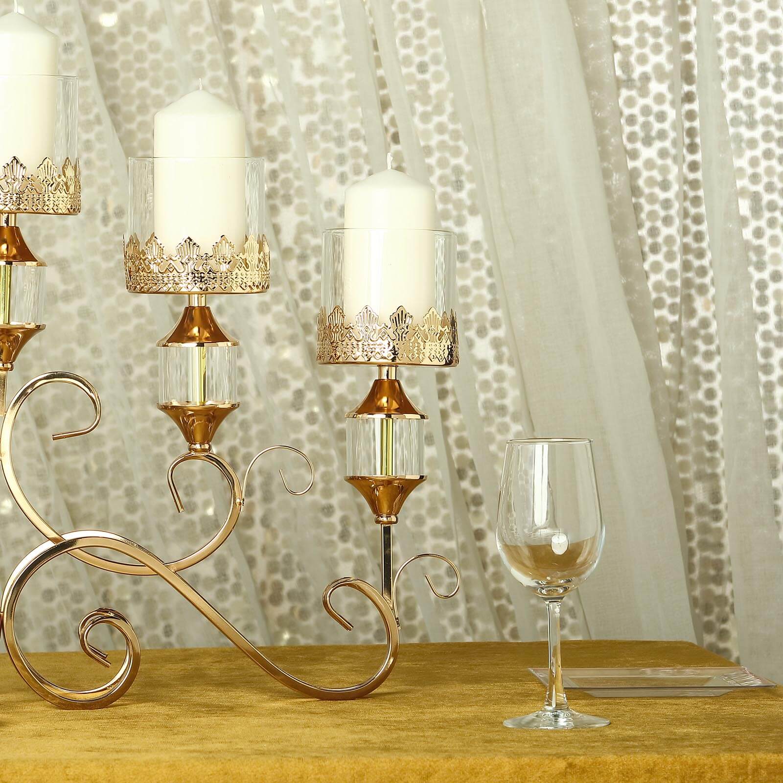 5 - Arm Metal Table Candelabra Antique Gold Crown Top Design - Stylish Horizontal Table Centerpiece with Glass Votive Holders 18" - Linen Luxes