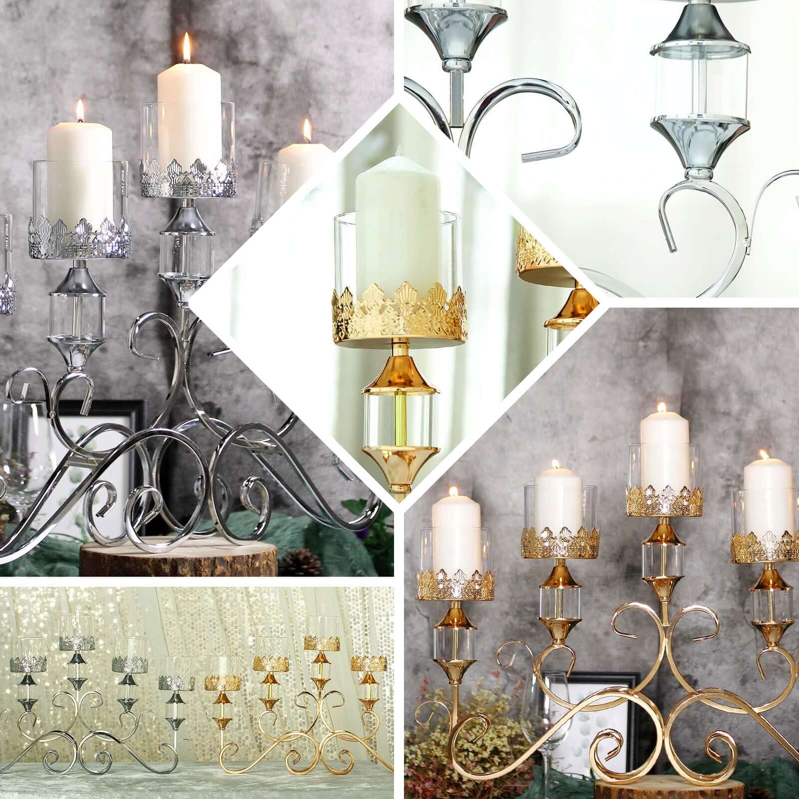 5 - Arm Metal Table Candelabra Antique Gold Crown Top Design - Stylish Horizontal Table Centerpiece with Glass Votive Holders 18" - Linen Luxes