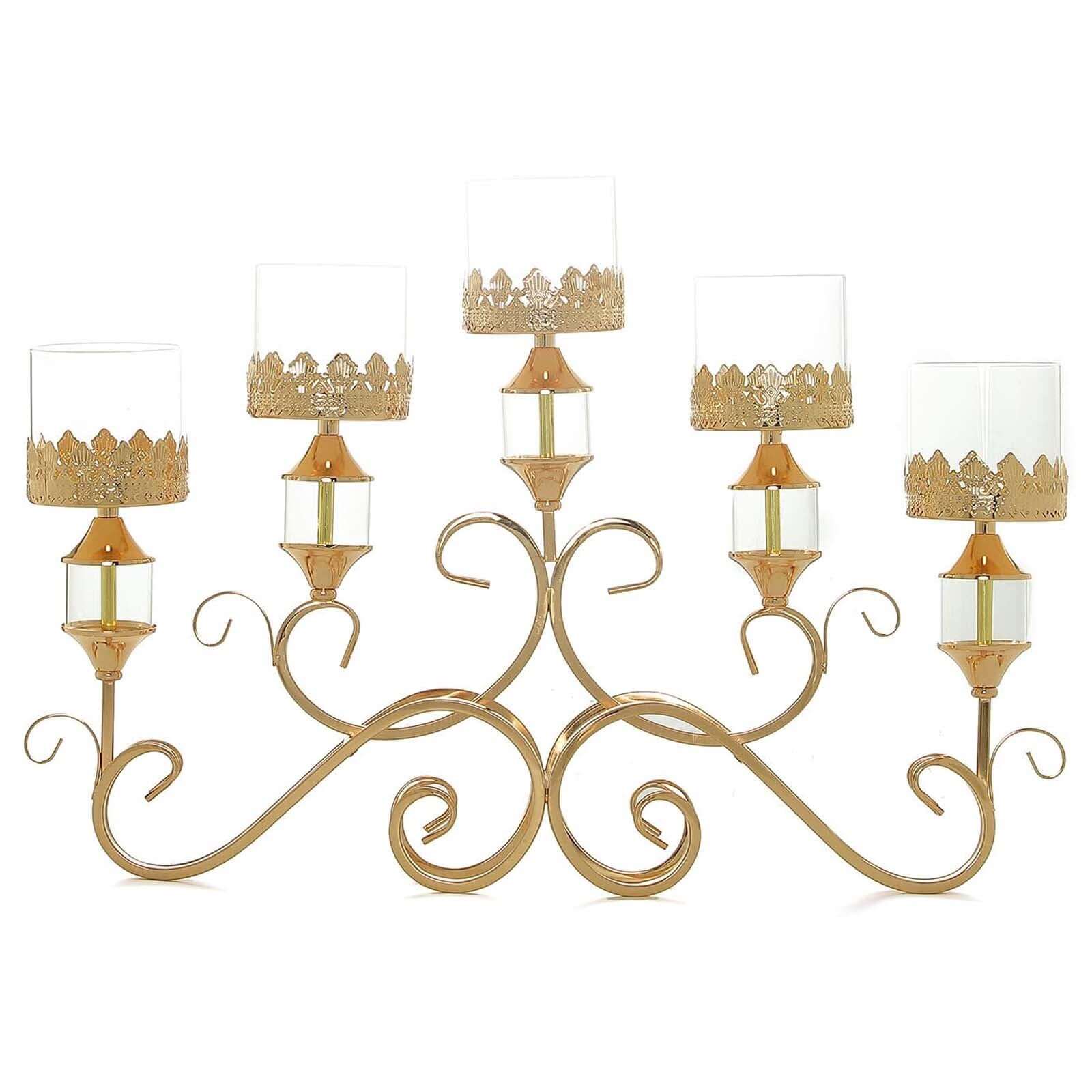 5 - Arm Metal Table Candelabra Antique Gold Crown Top Design - Stylish Horizontal Table Centerpiece with Glass Votive Holders 18" - Linen Luxes