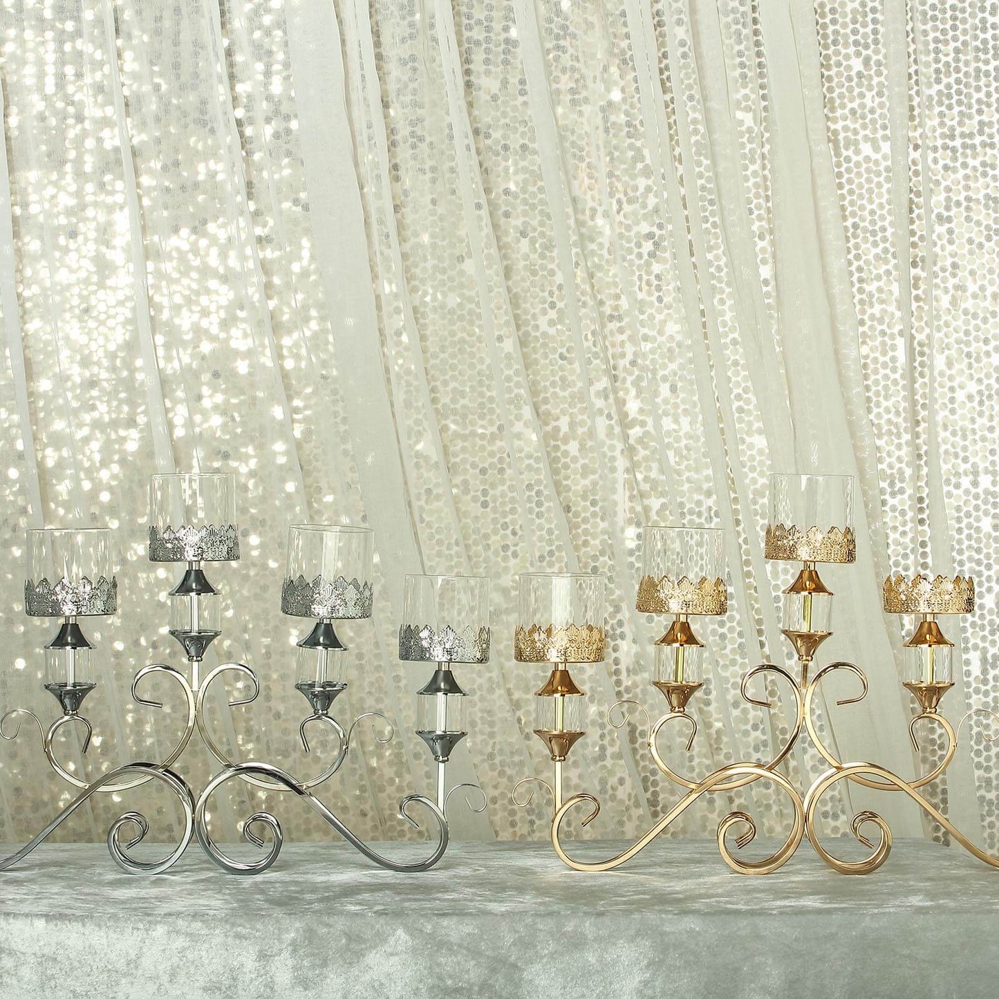 5 - Arm Metal Table Candelabra Antique Gold Crown Top Design - Stylish Horizontal Table Centerpiece with Glass Votive Holders 18" - Linen Luxes